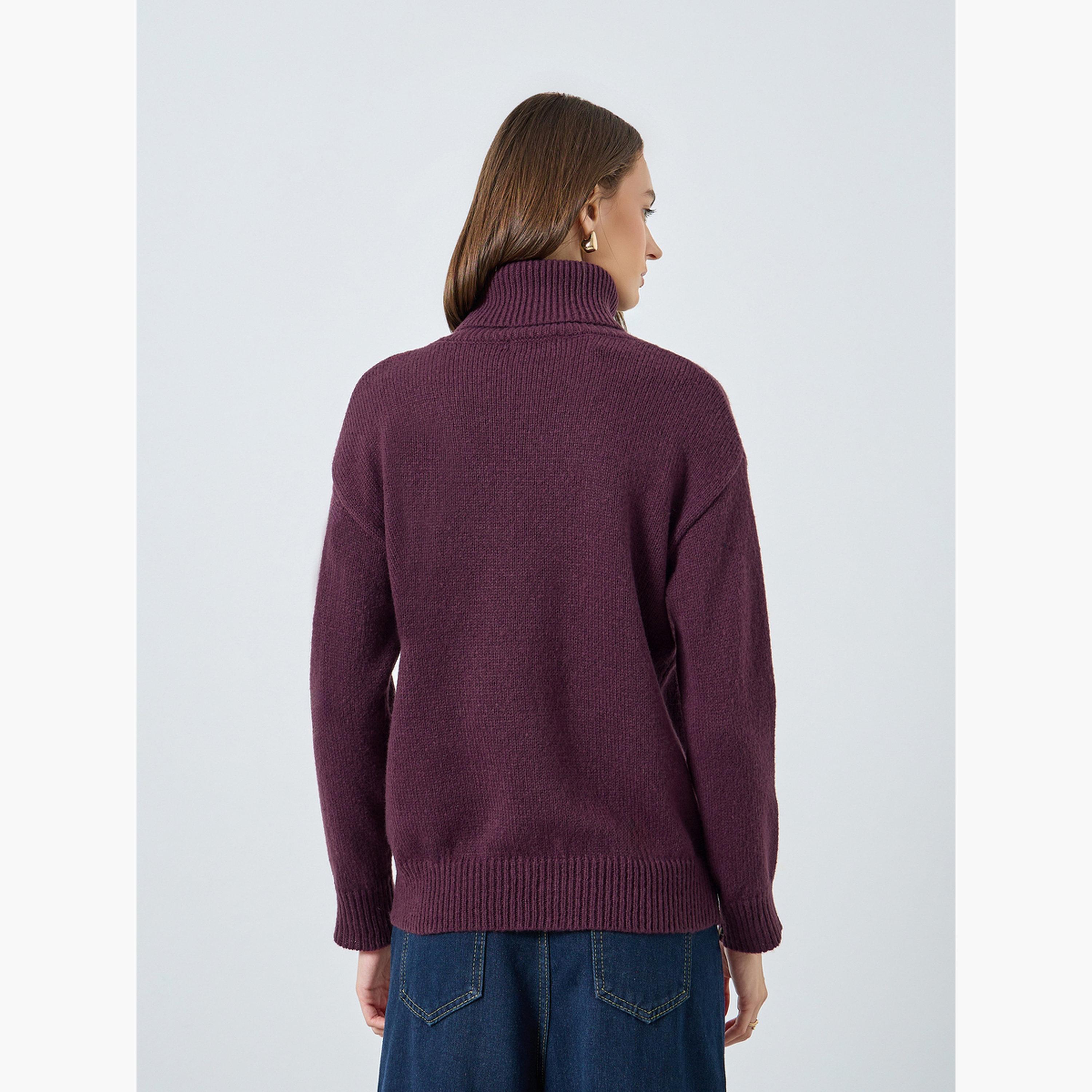 Styli Burgundy Textured Oversized Turtle Neck Long Sleeves Women's Sweater-women-winterwear-cardigansandjumpers-jumpers-image-4
