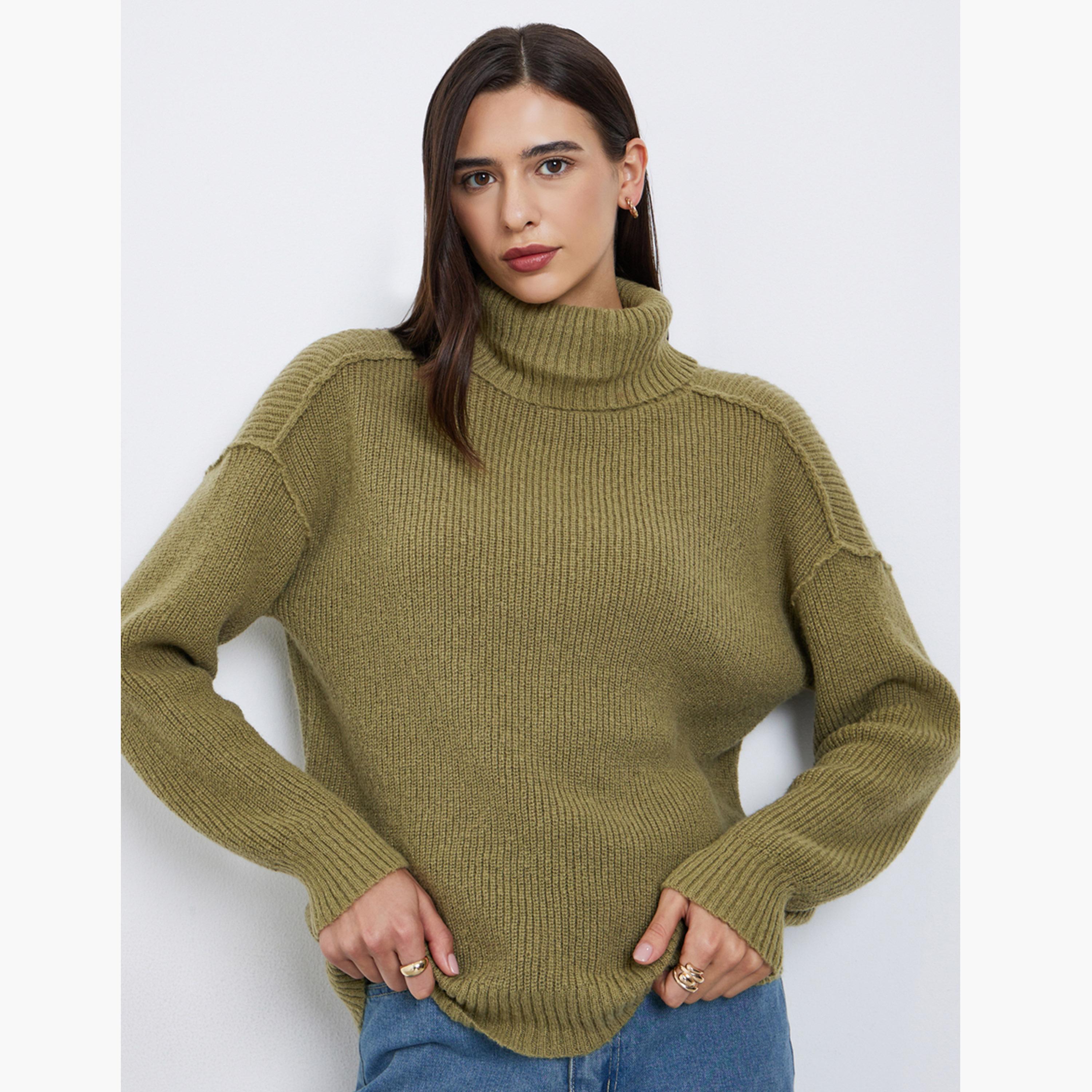 Styli Women Green Oversized Turtleneck Sweater-women-clothing-cardigansandjumpers-jumpers-image-1