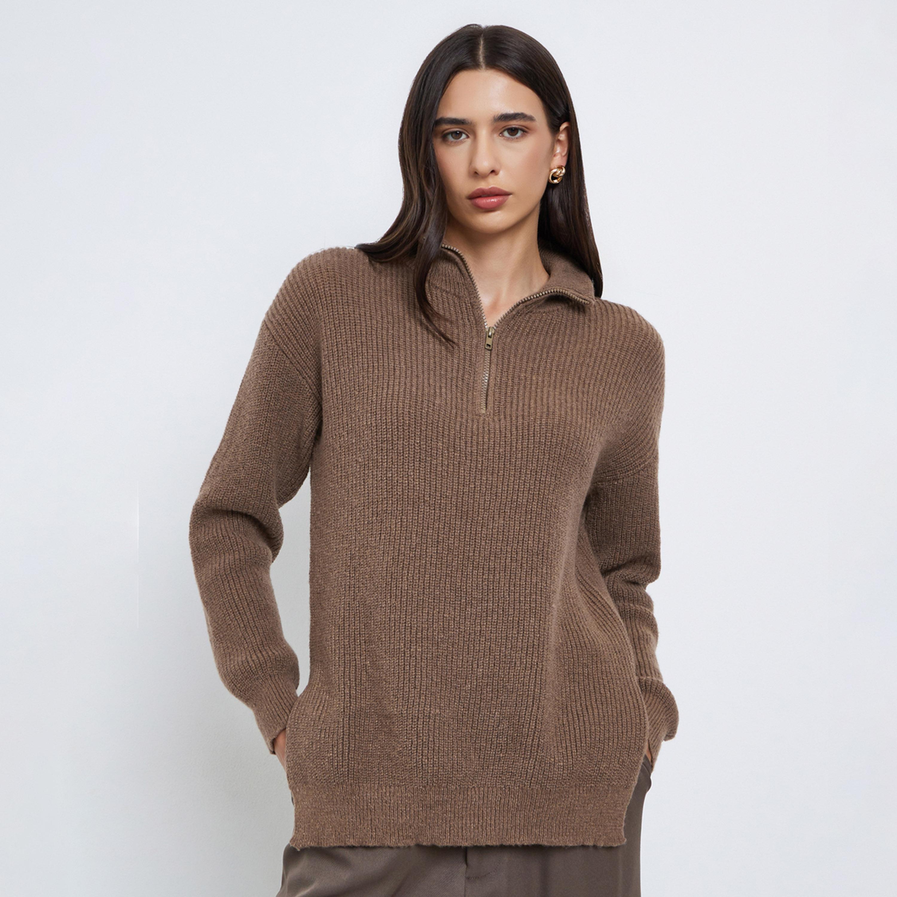 ستايلي - سترة طويلة بقصّة عادية وسحاب ربعي-women-winterwear-cardigansandjumpers-jumpers-image-1