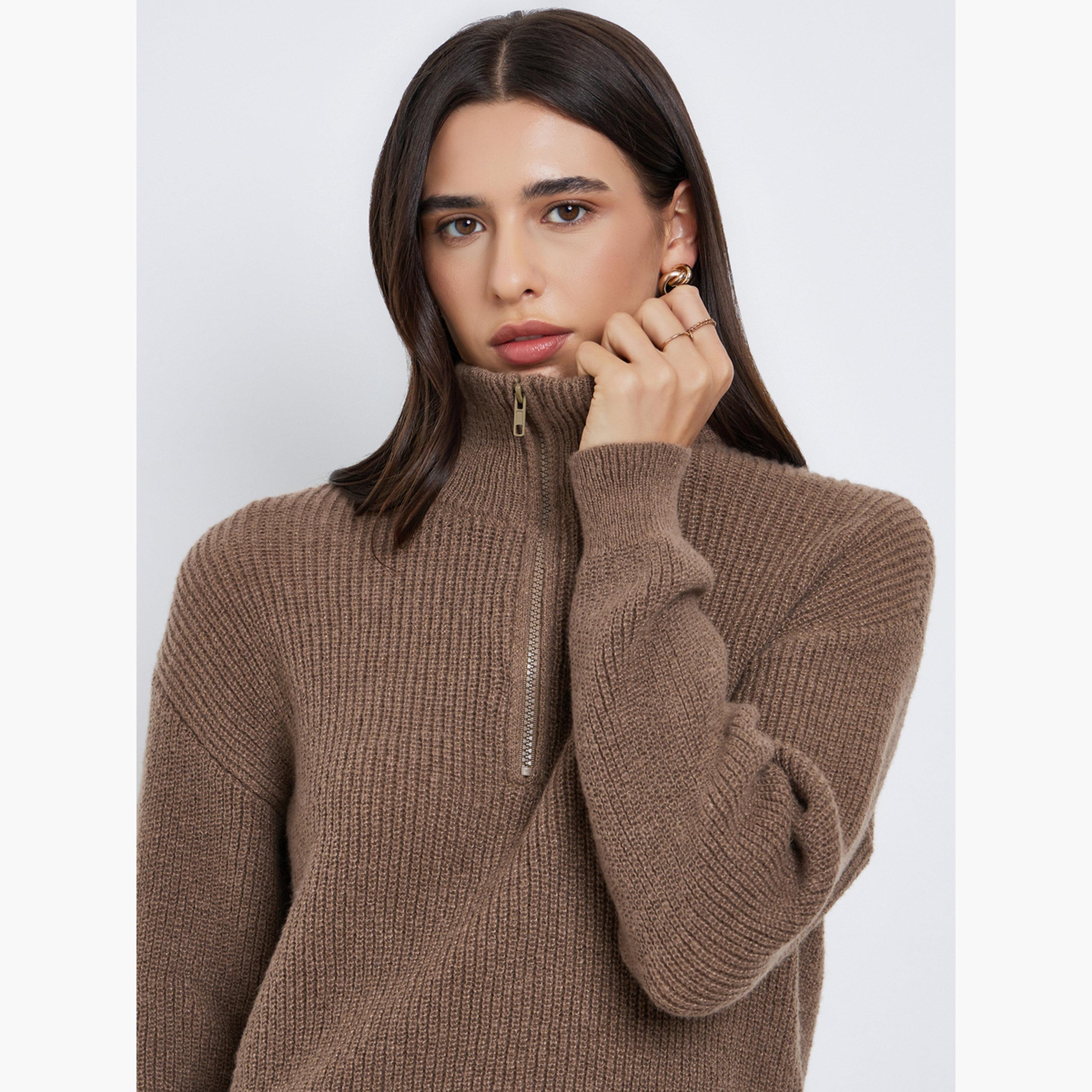 ستايلي - سترة طويلة بقصّة عادية وسحاب ربعي-women-winterwear-cardigansandjumpers-jumpers-image-4