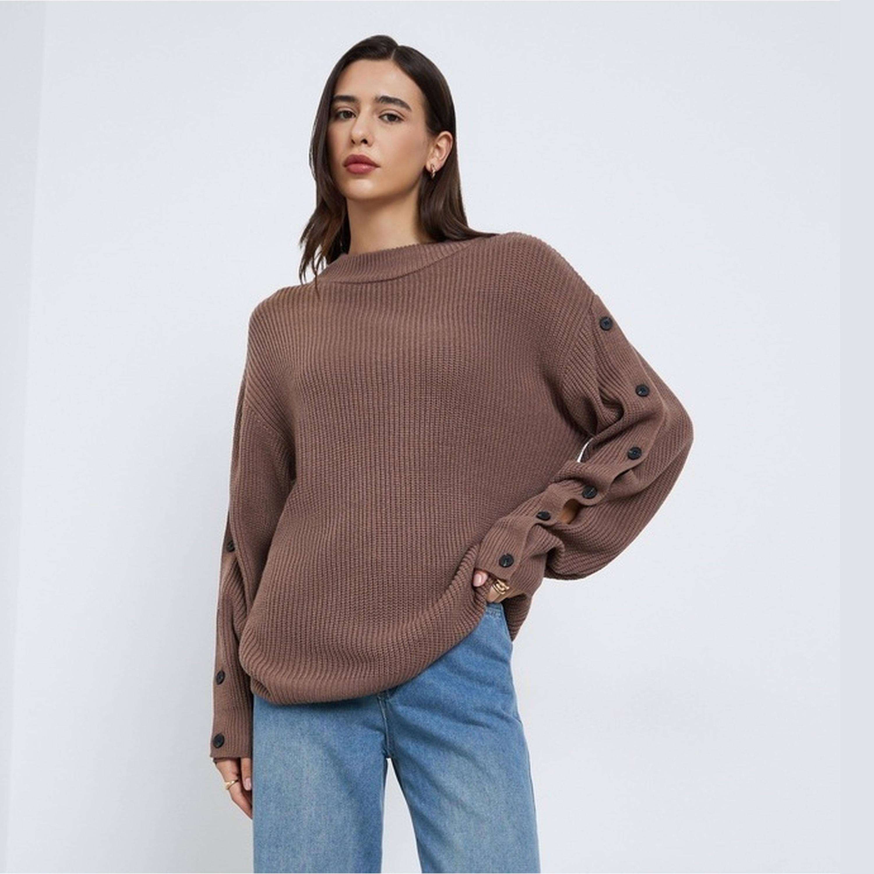 ستايلي - سترة بنية اللون بقصّة عادية وأزرار-women-clothing-cardigansandjumpers-jumpers-image-1