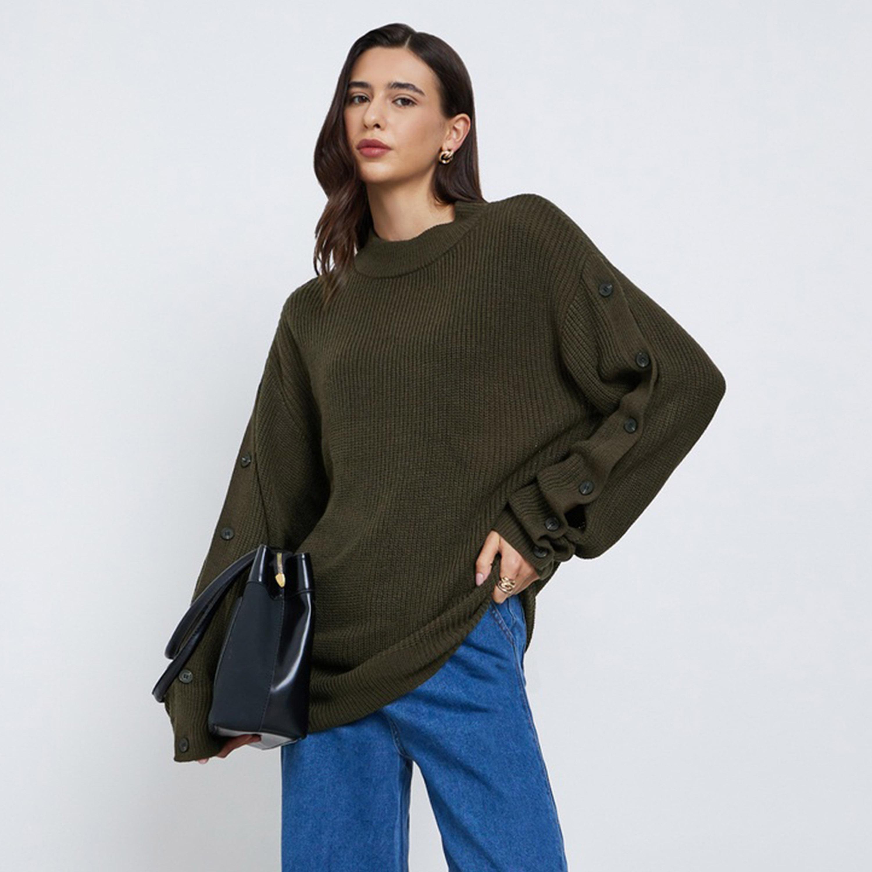 Styli Women Olive Green Regular Fit Button-Detail Sweater-women-clothing-cardigansandjumpers-jumpers-image-1