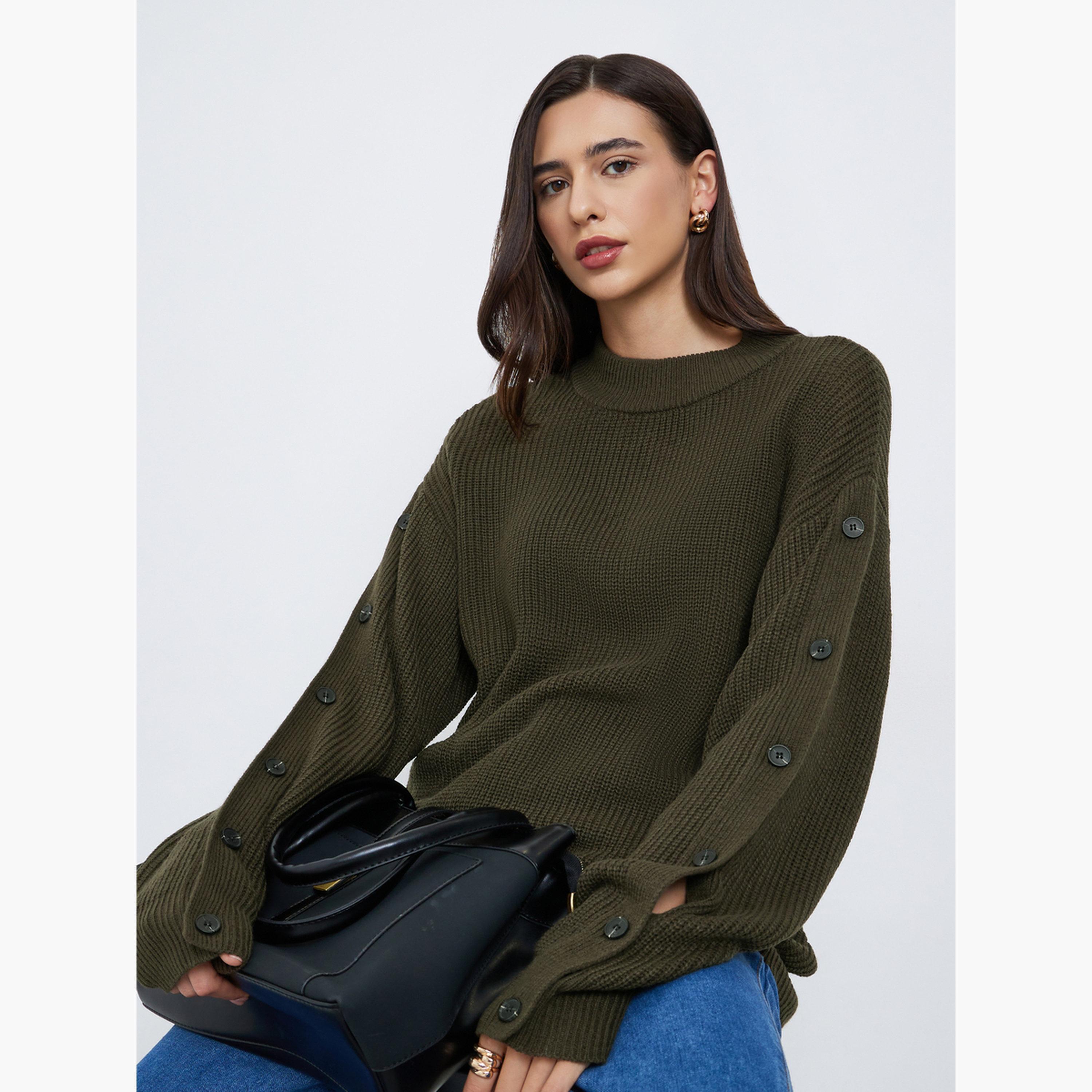 Styli Women Olive Green Regular Fit Button-Detail Sweater-women-clothing-cardigansandjumpers-jumpers-image-3