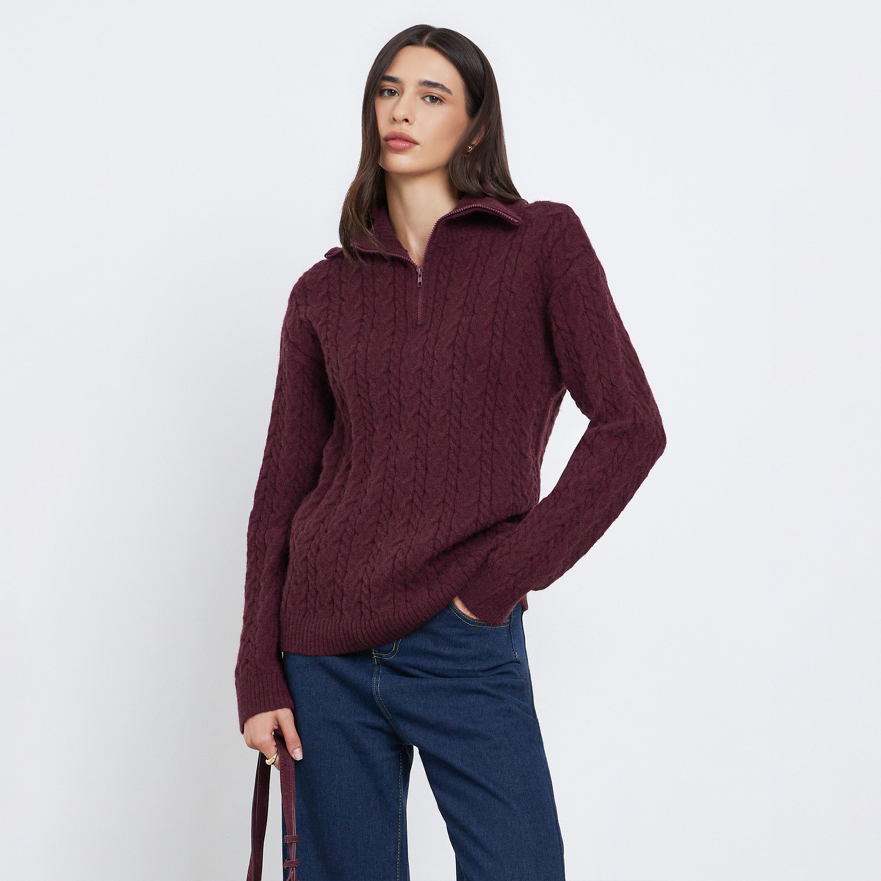 ستايلي - سترة كابل محبوكة بقصّة عادية بلون برغندي-women-clothing-cardigansandjumpers-jumpers-image-1