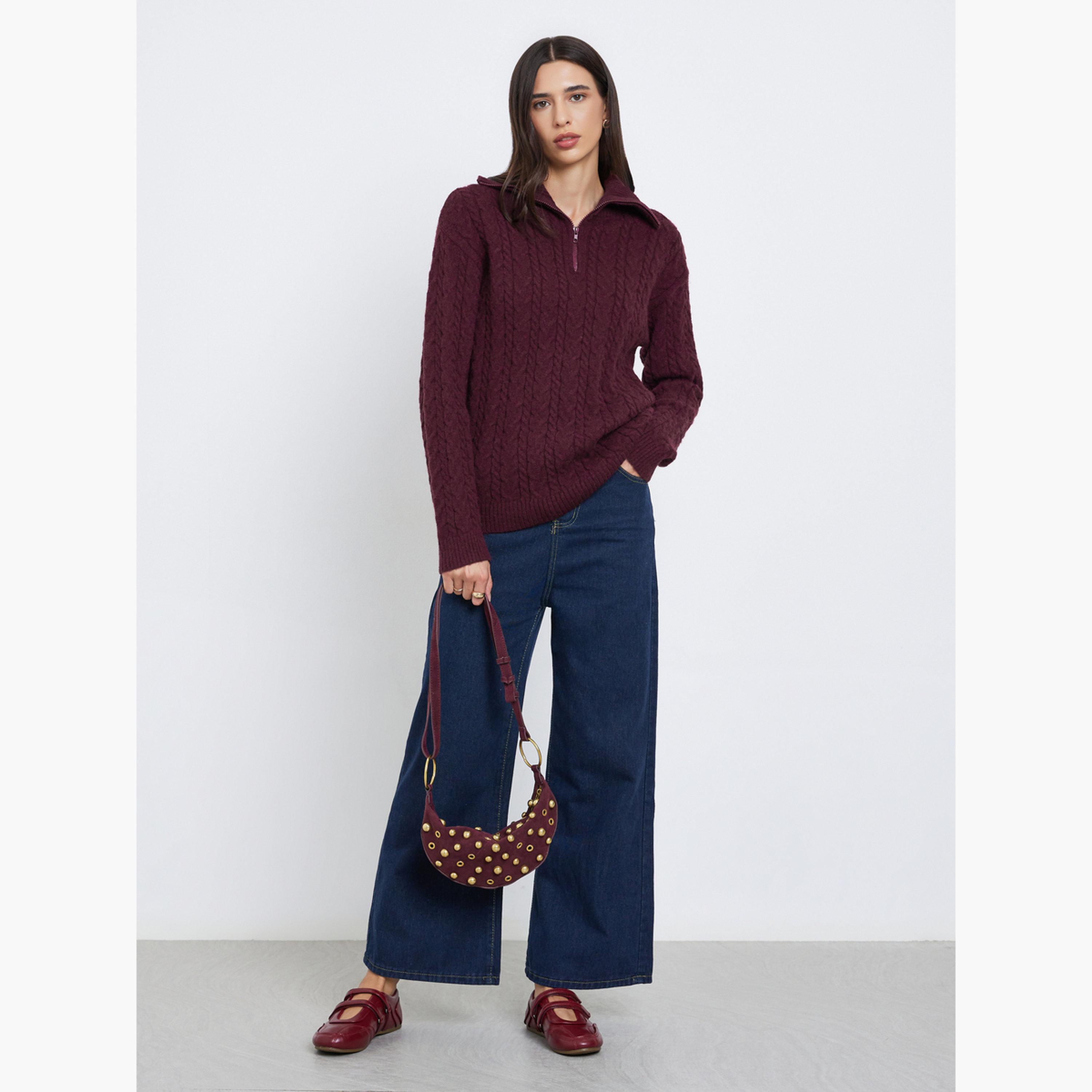 ستايلي - سترة كابل محبوكة بقصّة عادية بلون برغندي-women-clothing-cardigansandjumpers-jumpers-image-2