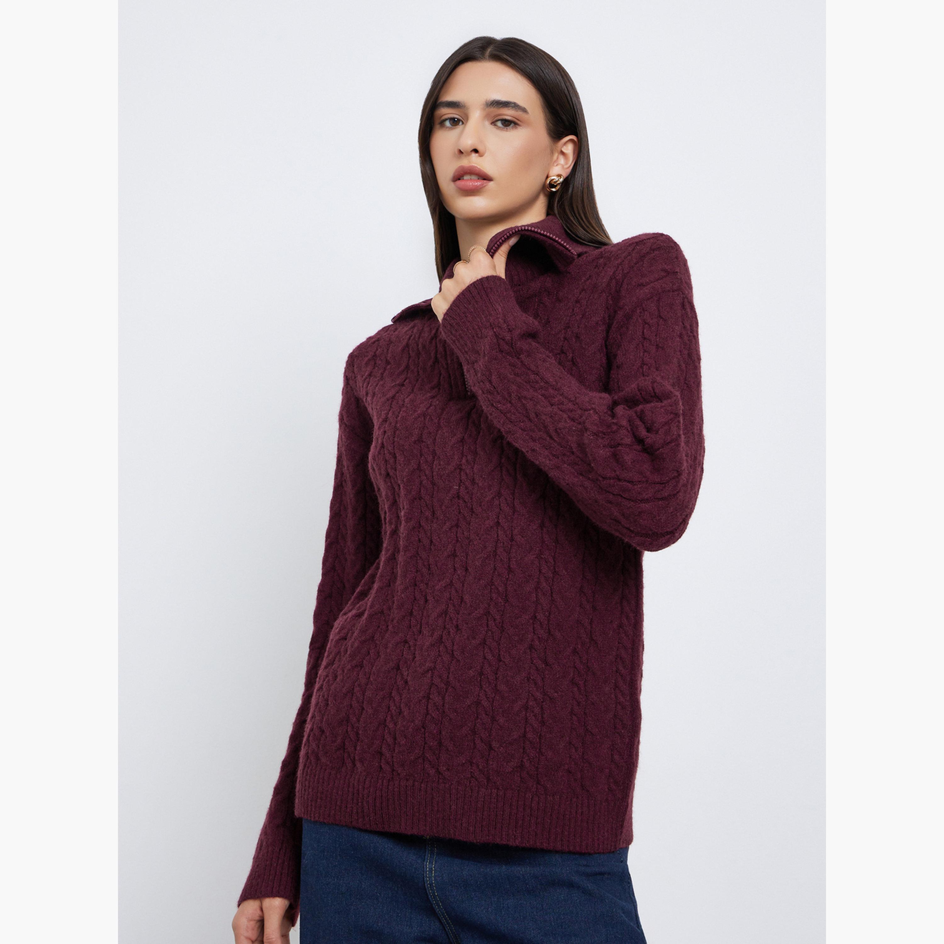 ستايلي - سترة كابل محبوكة بقصّة عادية بلون برغندي-women-clothing-cardigansandjumpers-jumpers-image-3