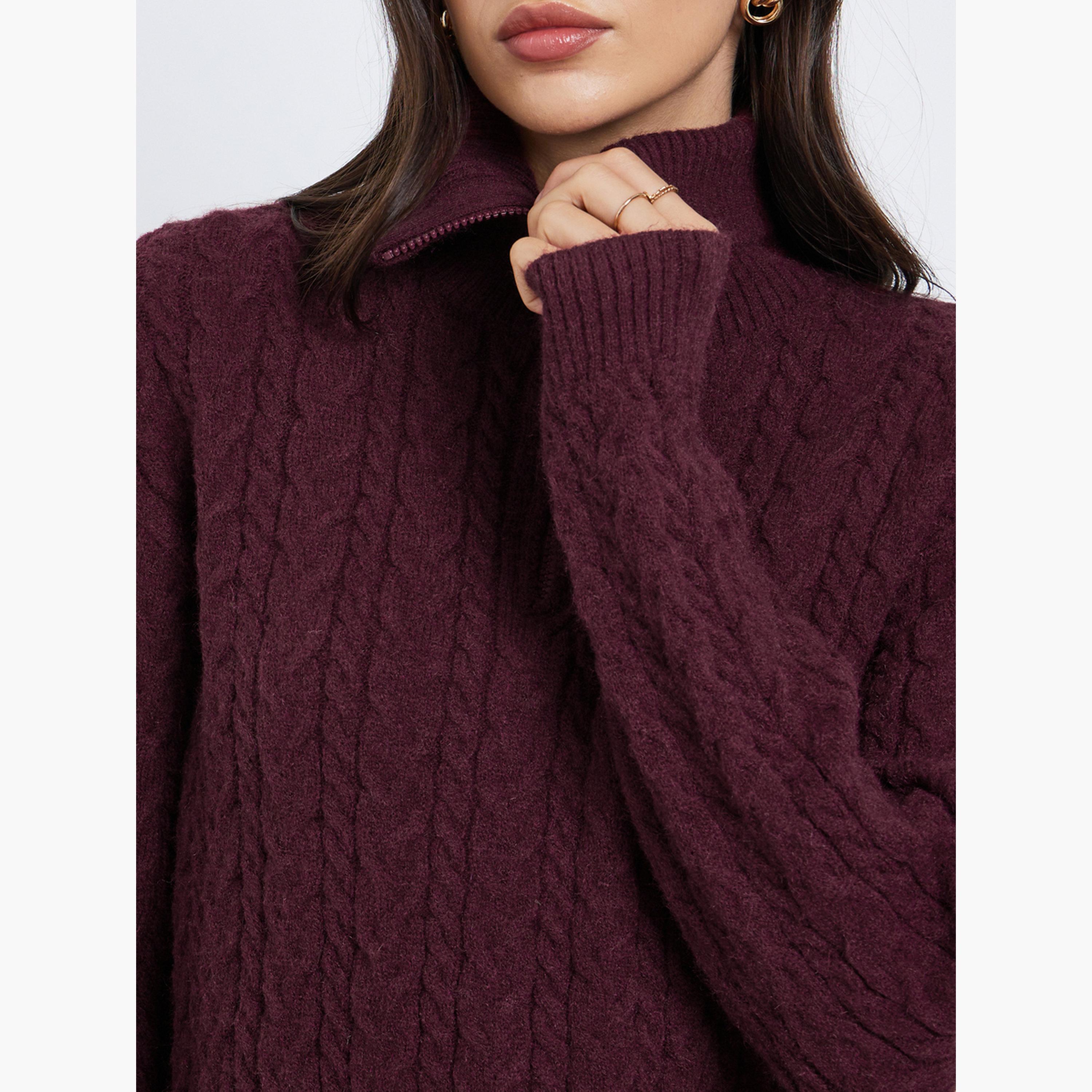 ستايلي - سترة كابل محبوكة بقصّة عادية بلون برغندي-women-clothing-cardigansandjumpers-jumpers-image-5