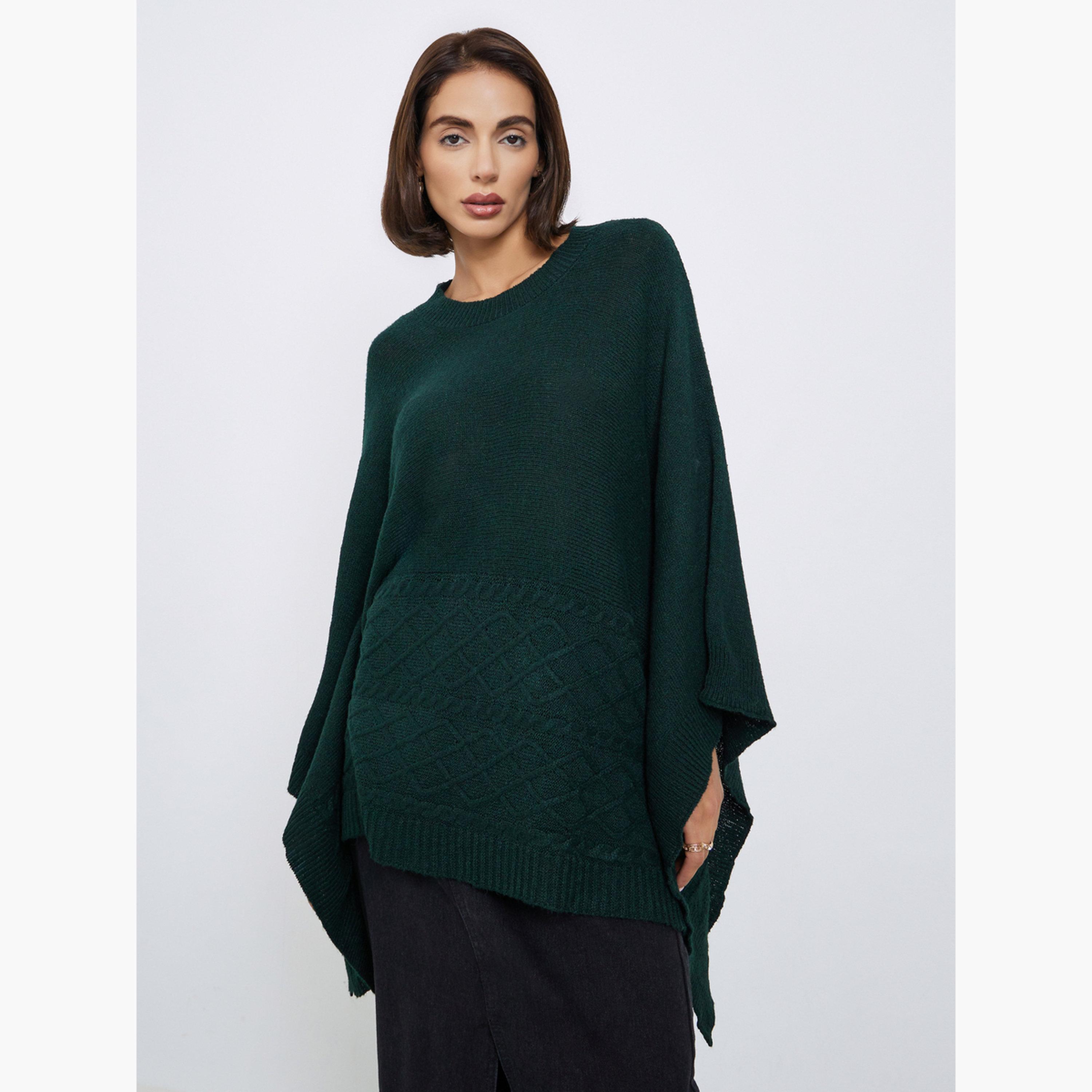 Styli Dark Green Knitted Round Neck Cape Fit Women's Sweater-women-winterwear-cardigansandjumpers-jumpers-image-1