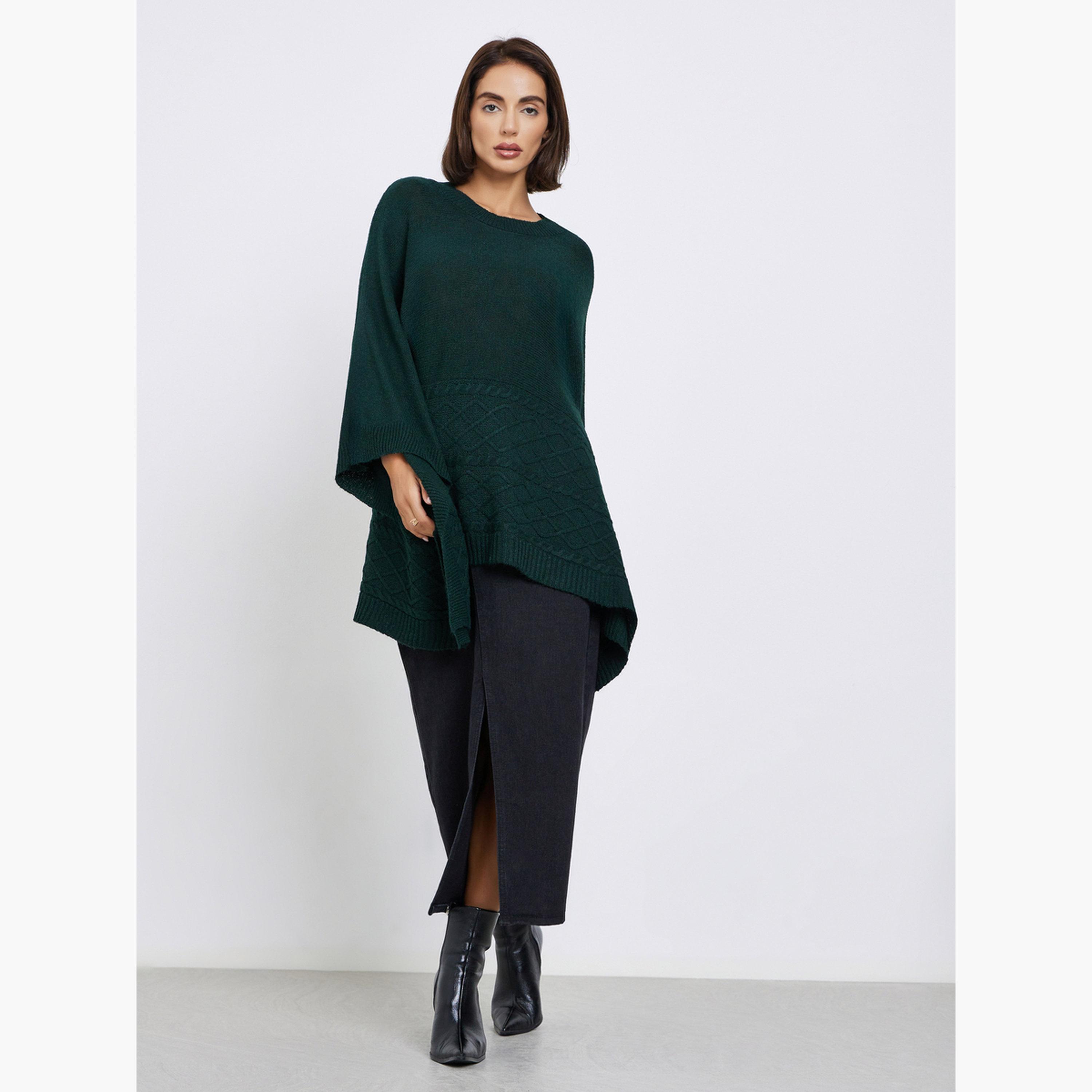 Styli Dark Green Knitted Round Neck Cape Fit Women's Sweater-women-winterwear-cardigansandjumpers-jumpers-image-2