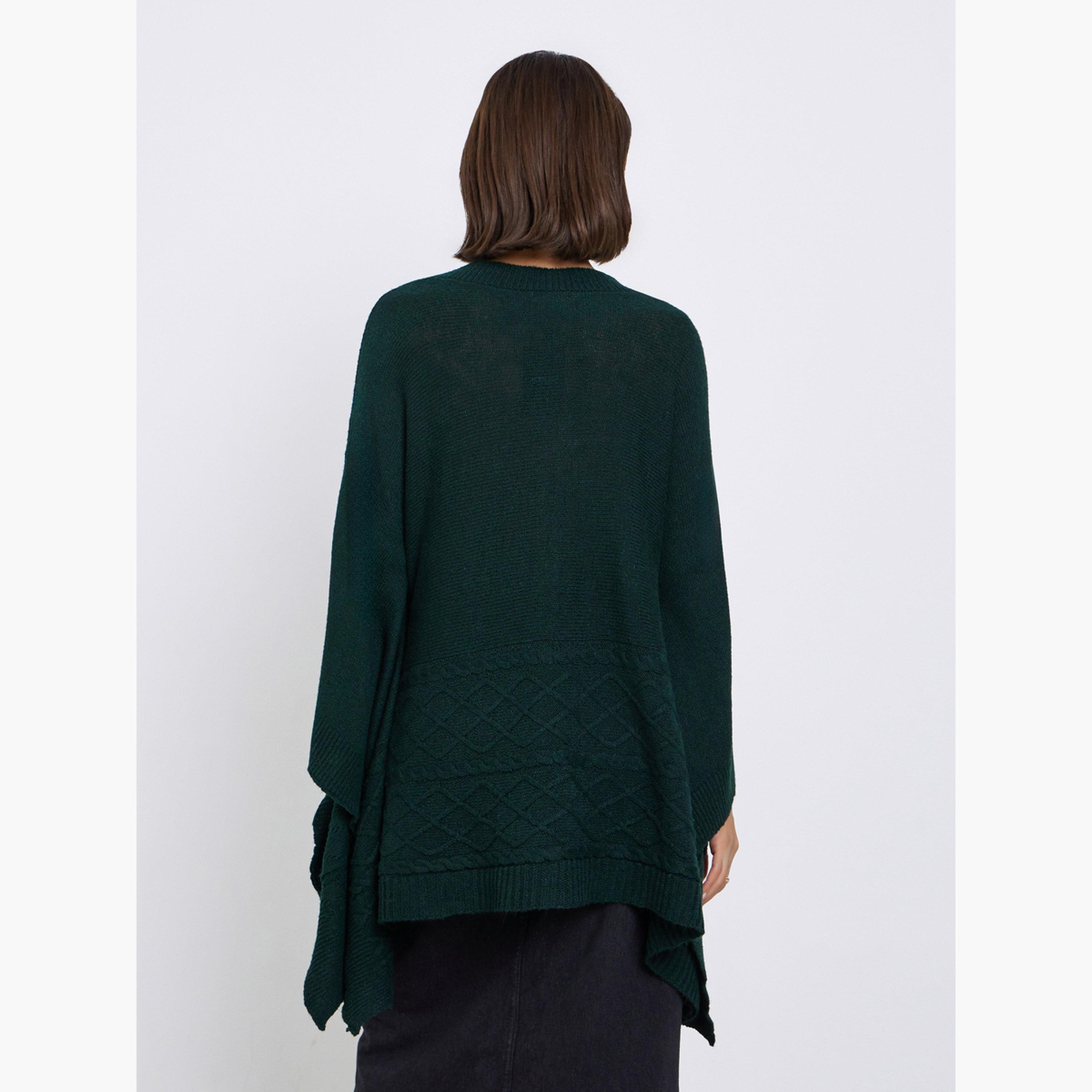 Styli Dark Green Knitted Round Neck Cape Fit Women's Sweater-women-winterwear-cardigansandjumpers-jumpers-image-4
