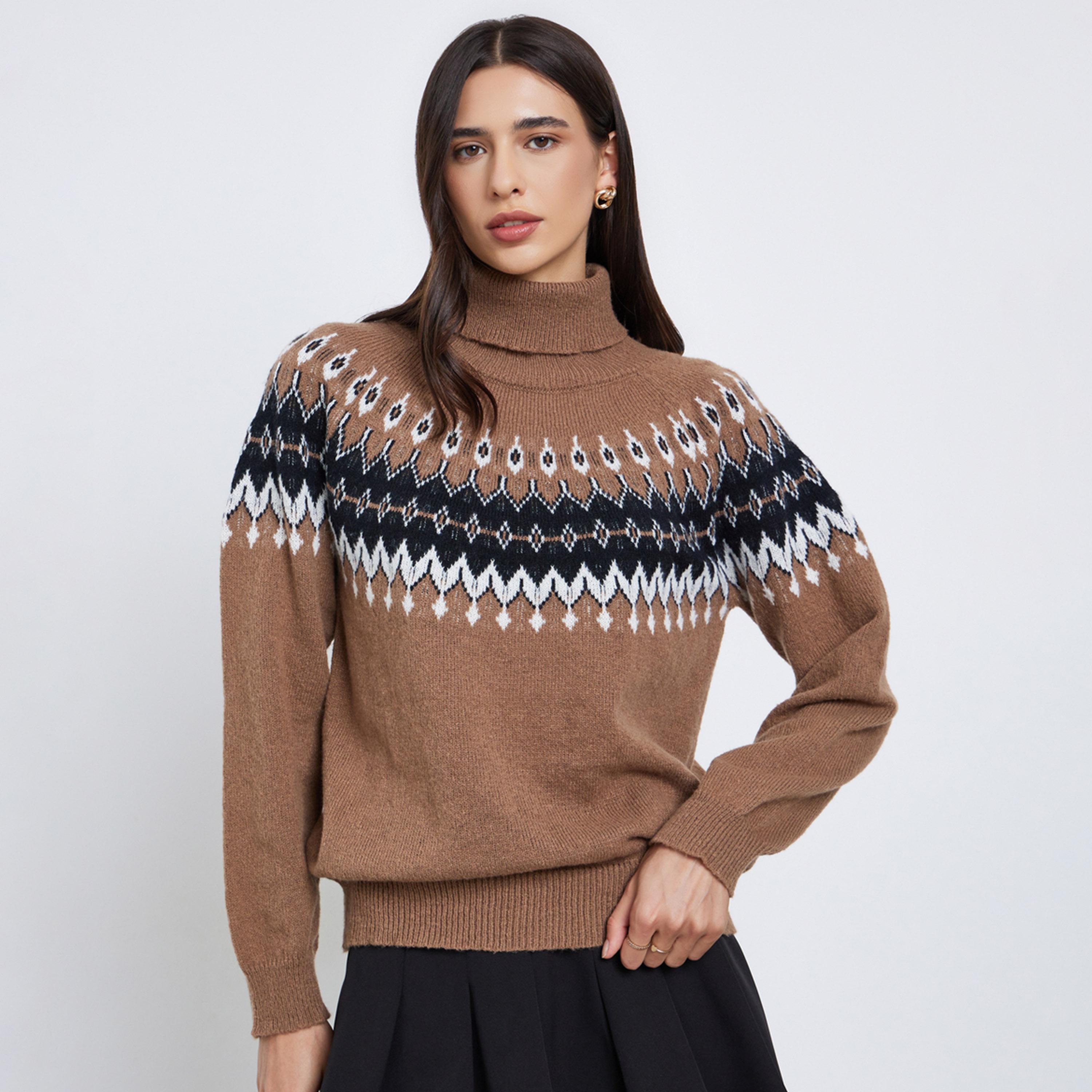Styli Beige Regular Fit Fair Isle Pattern Sweater-women-winterwear-cardigansandjumpers-jumpers-image-1