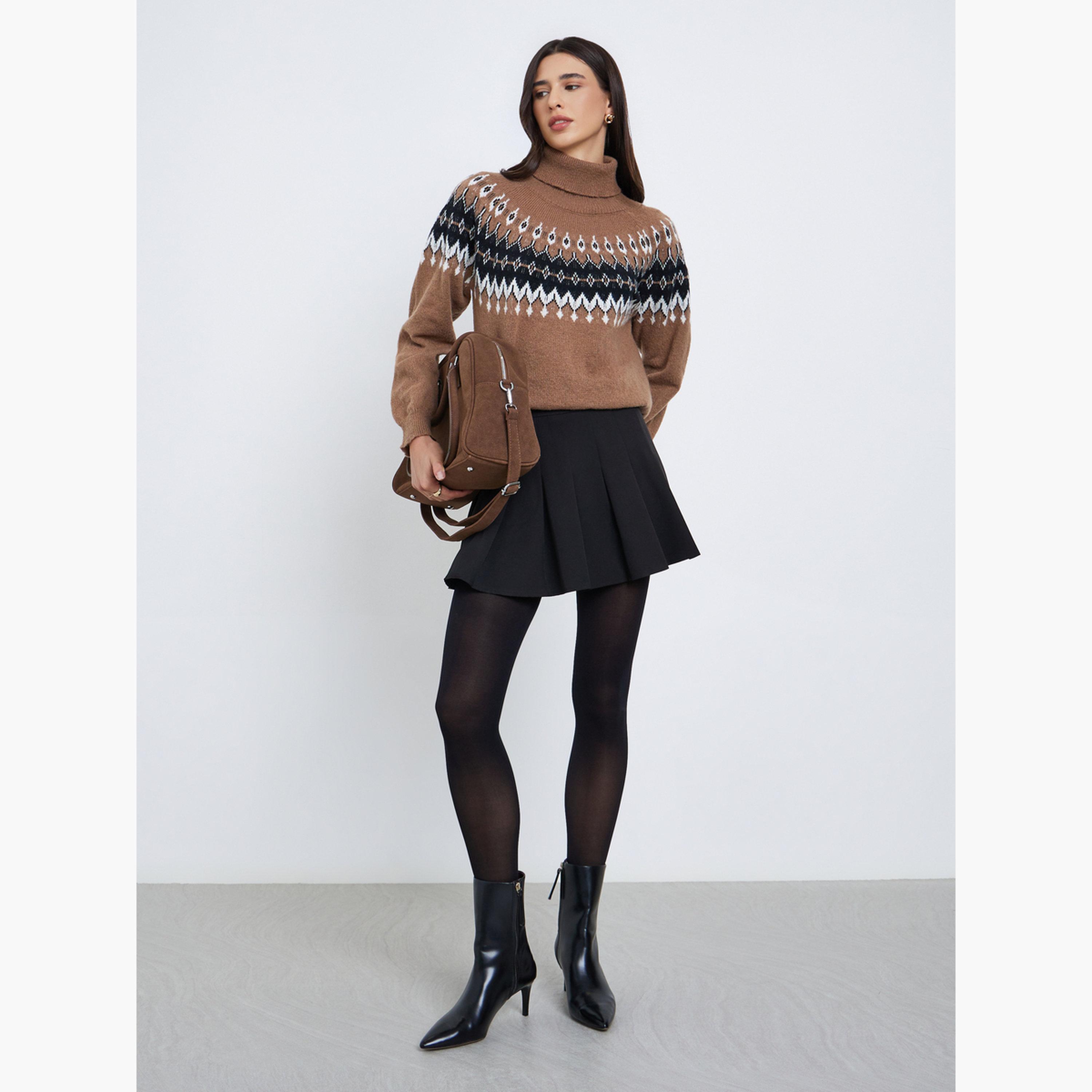 Styli Beige Regular Fit Fair Isle Pattern Sweater-women-winterwear-cardigansandjumpers-jumpers-image-2
