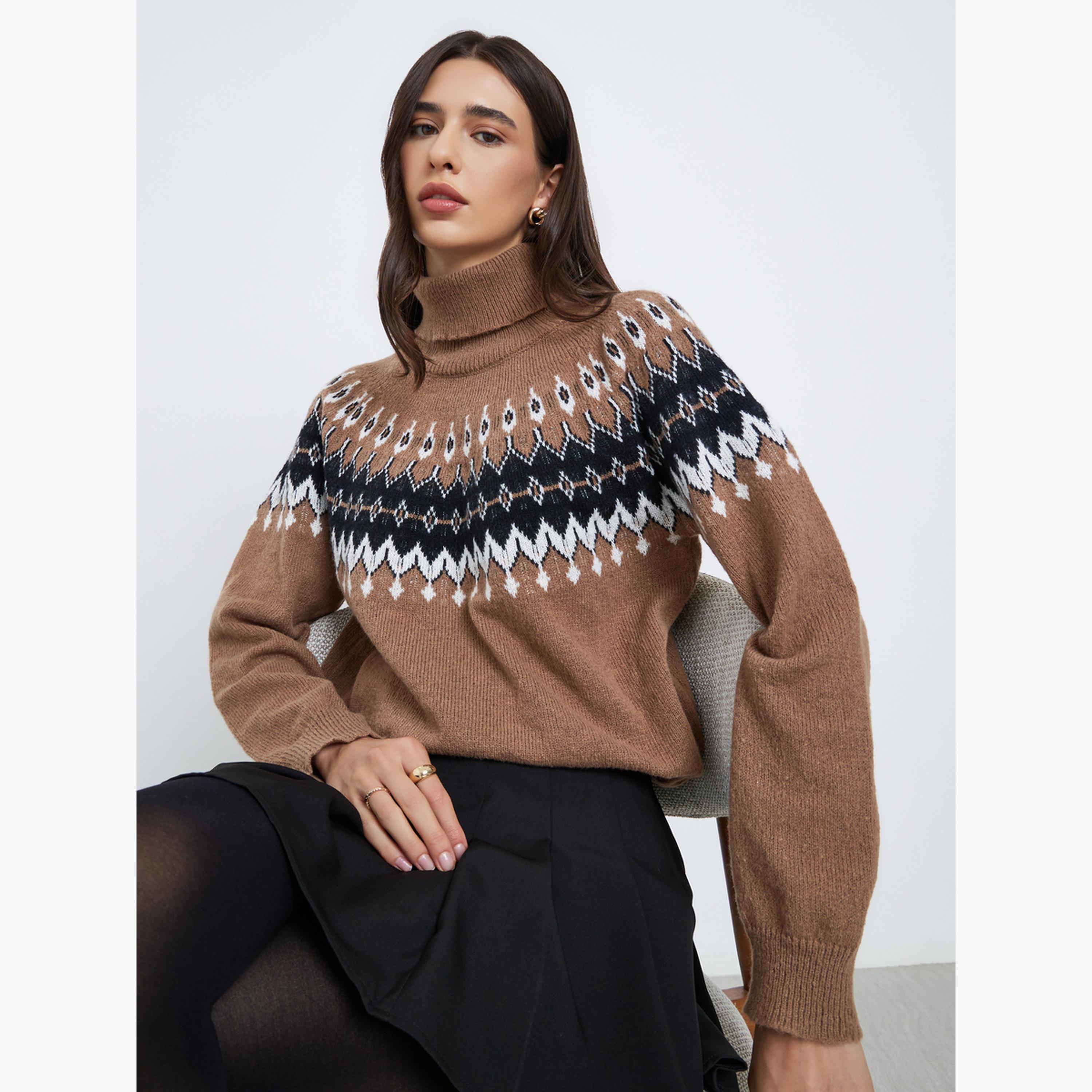 Styli Beige Regular Fit Fair Isle Pattern Sweater-women-winterwear-cardigansandjumpers-jumpers-image-3