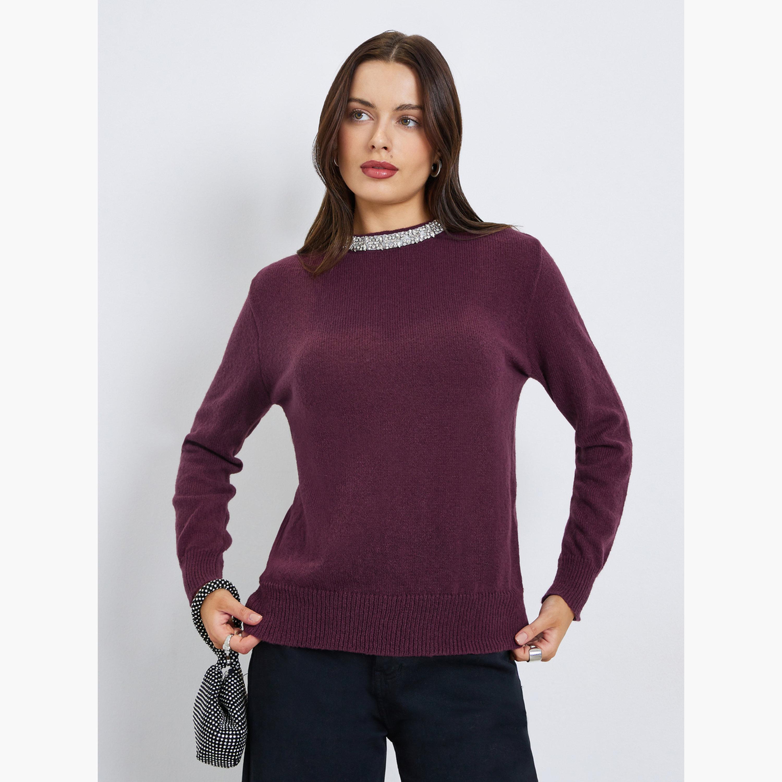 Styli Embellished Regular Fit Round Neck Long Sleeves Women's Sweater-women-winterwear-cardigansandjumpers-jumpers-image-1