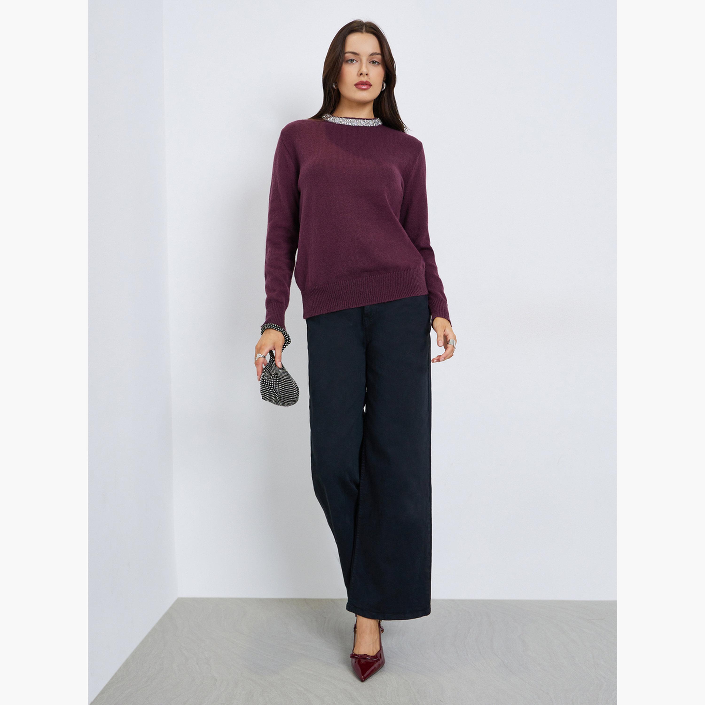 Styli Embellished Regular Fit Round Neck Long Sleeves Women's Sweater-women-winterwear-cardigansandjumpers-jumpers-image-2