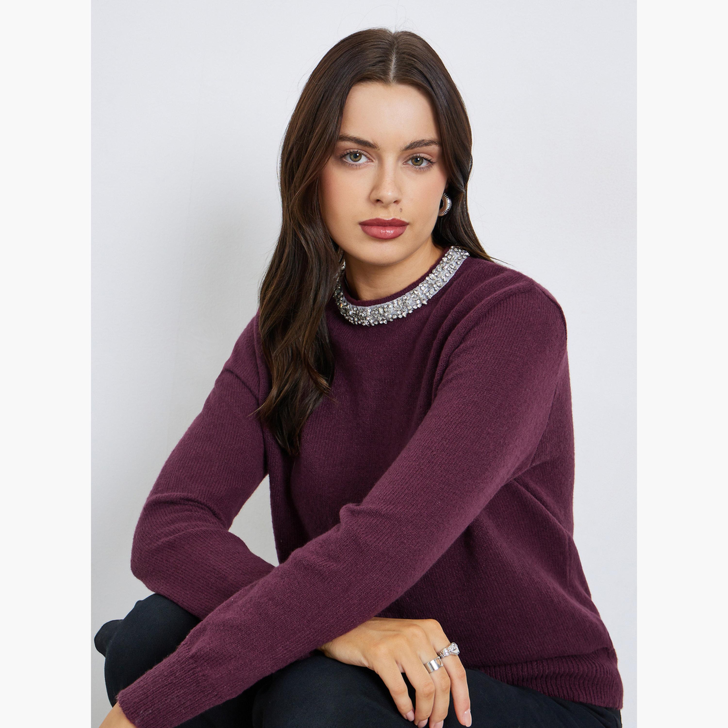 Styli Embellished Regular Fit Round Neck Long Sleeves Women's Sweater-women-winterwear-cardigansandjumpers-jumpers-image-3
