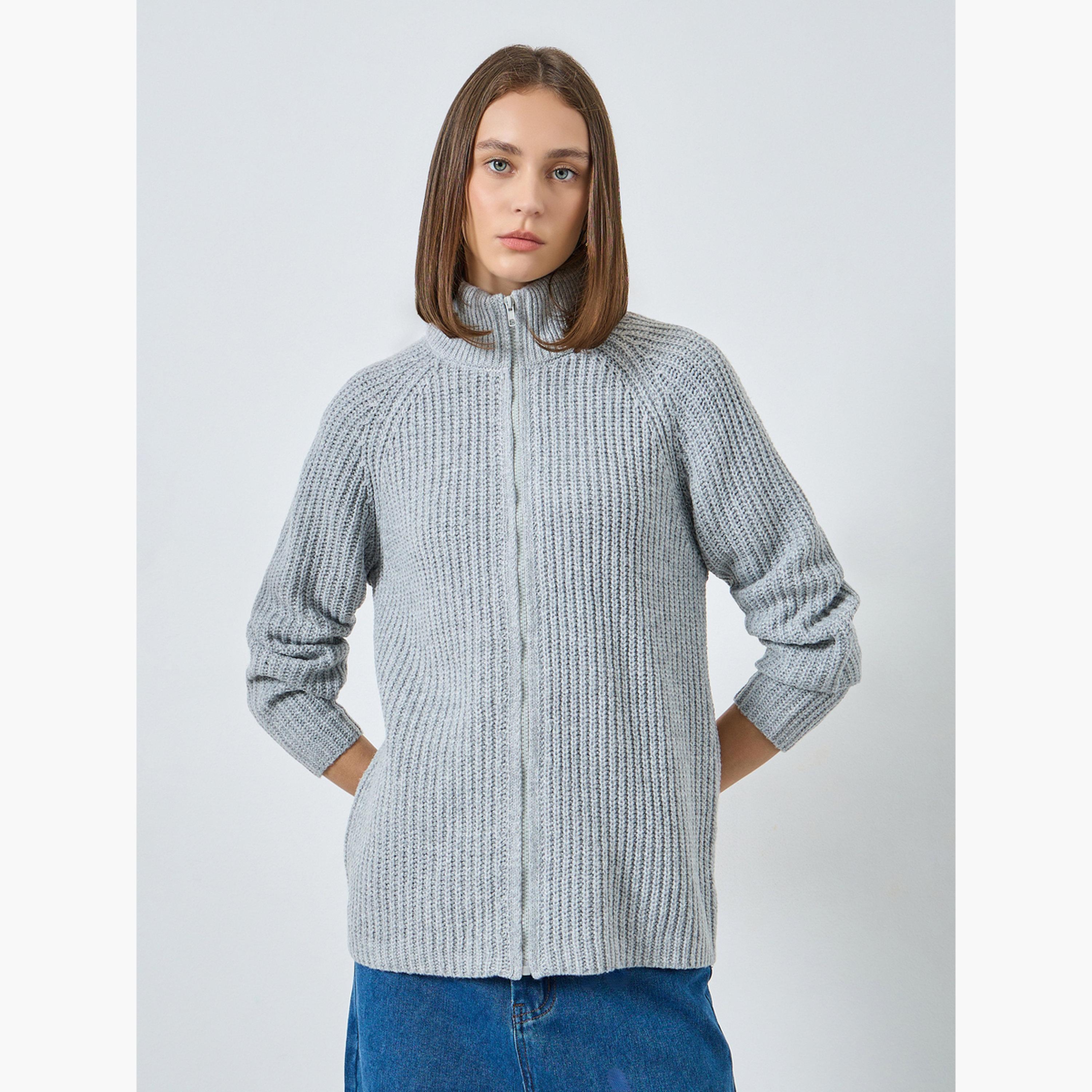 Styli Grey Textured Regular Fit High Neck Long Sleeves Women's Zip Up Cardigan-women-winterwear-cardigansandjumpers-jumpers-image-1
