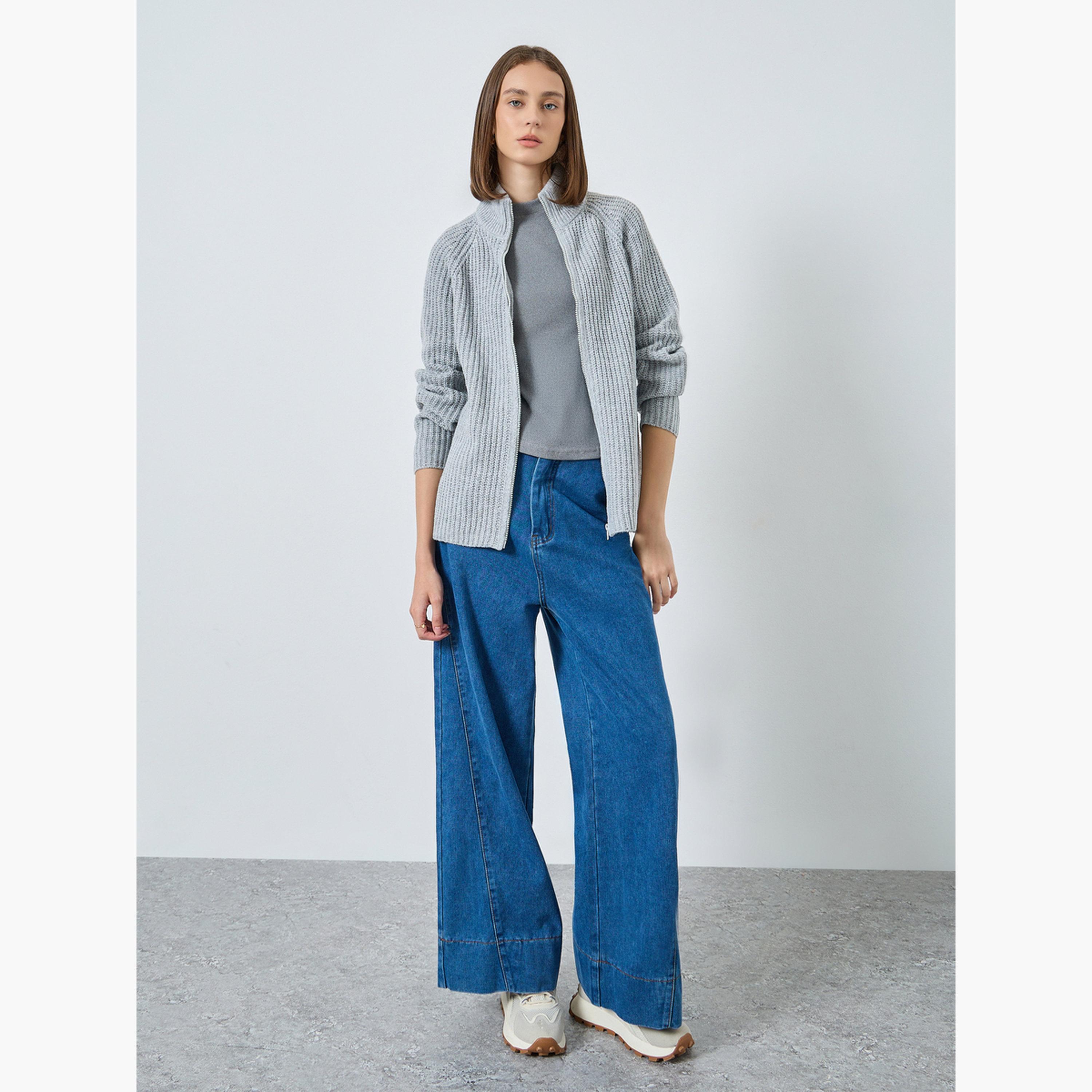 Styli Grey Textured Regular Fit High Neck Long Sleeves Women's Zip Up Cardigan-women-winterwear-cardigansandjumpers-jumpers-image-2