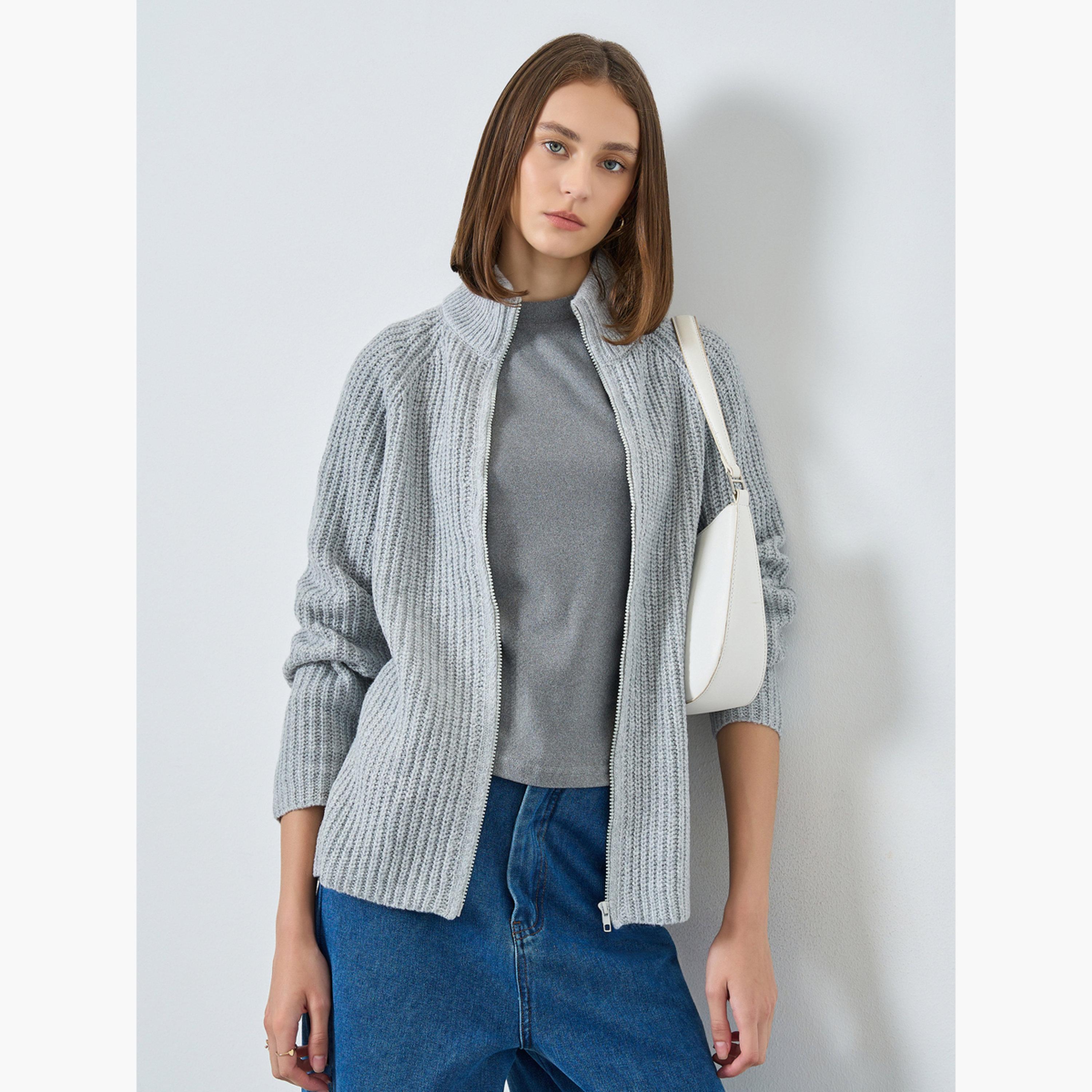 Styli Grey Textured Regular Fit High Neck Long Sleeves Women's Zip Up Cardigan-women-winterwear-cardigansandjumpers-jumpers-image-3