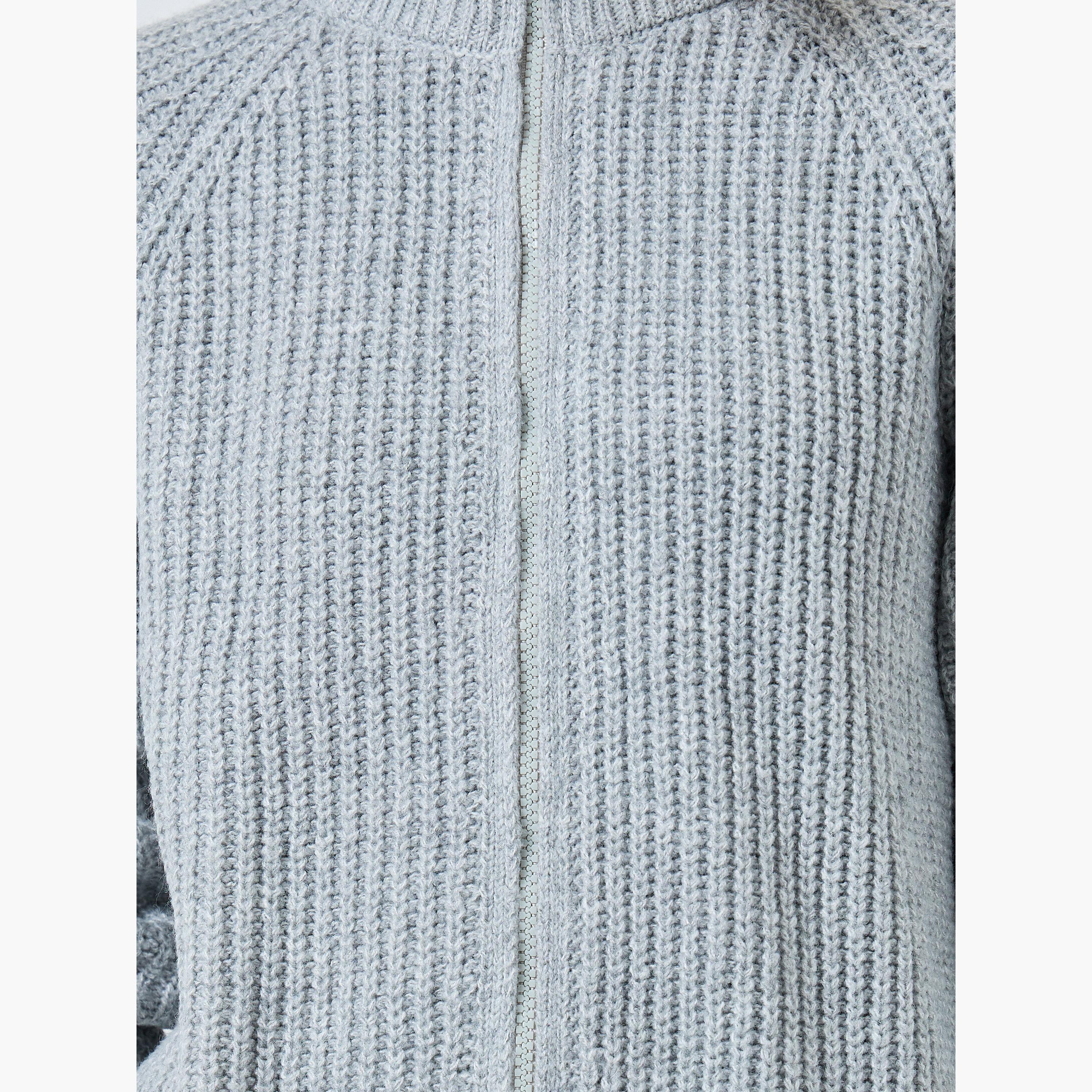 Styli Grey Textured Regular Fit High Neck Long Sleeves Women's Zip Up Cardigan-women-winterwear-cardigansandjumpers-jumpers-image-4