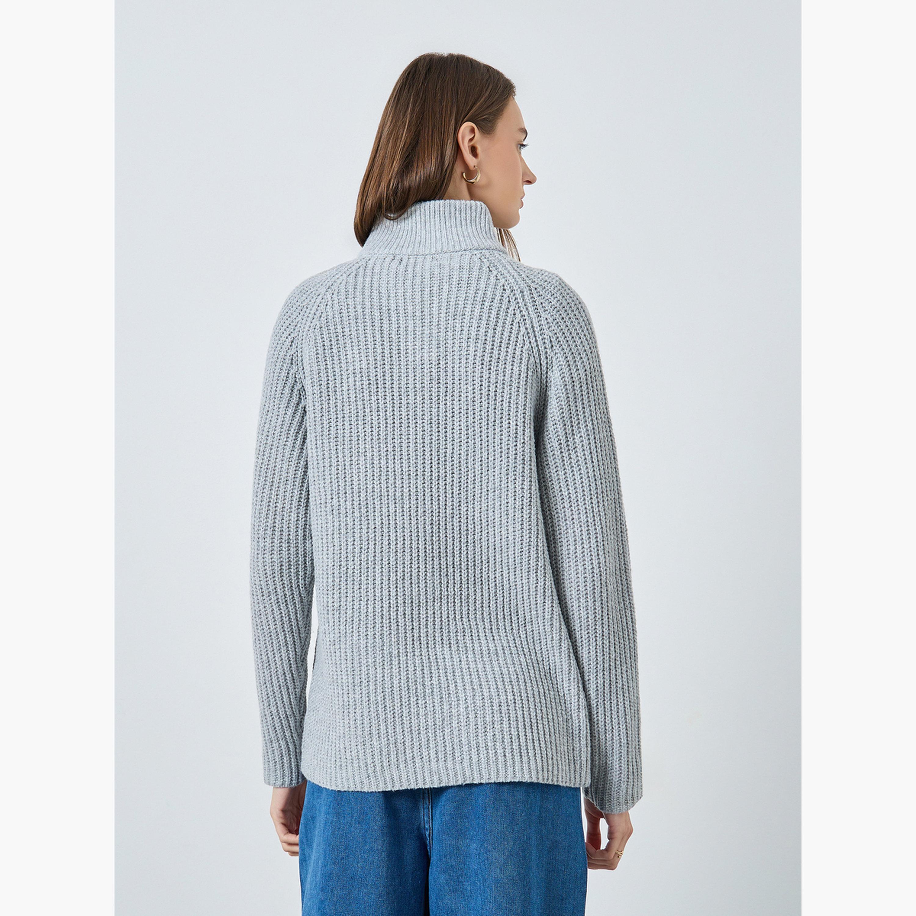 Styli Grey Textured Regular Fit High Neck Long Sleeves Women's Zip Up Cardigan-women-winterwear-cardigansandjumpers-jumpers-image-5