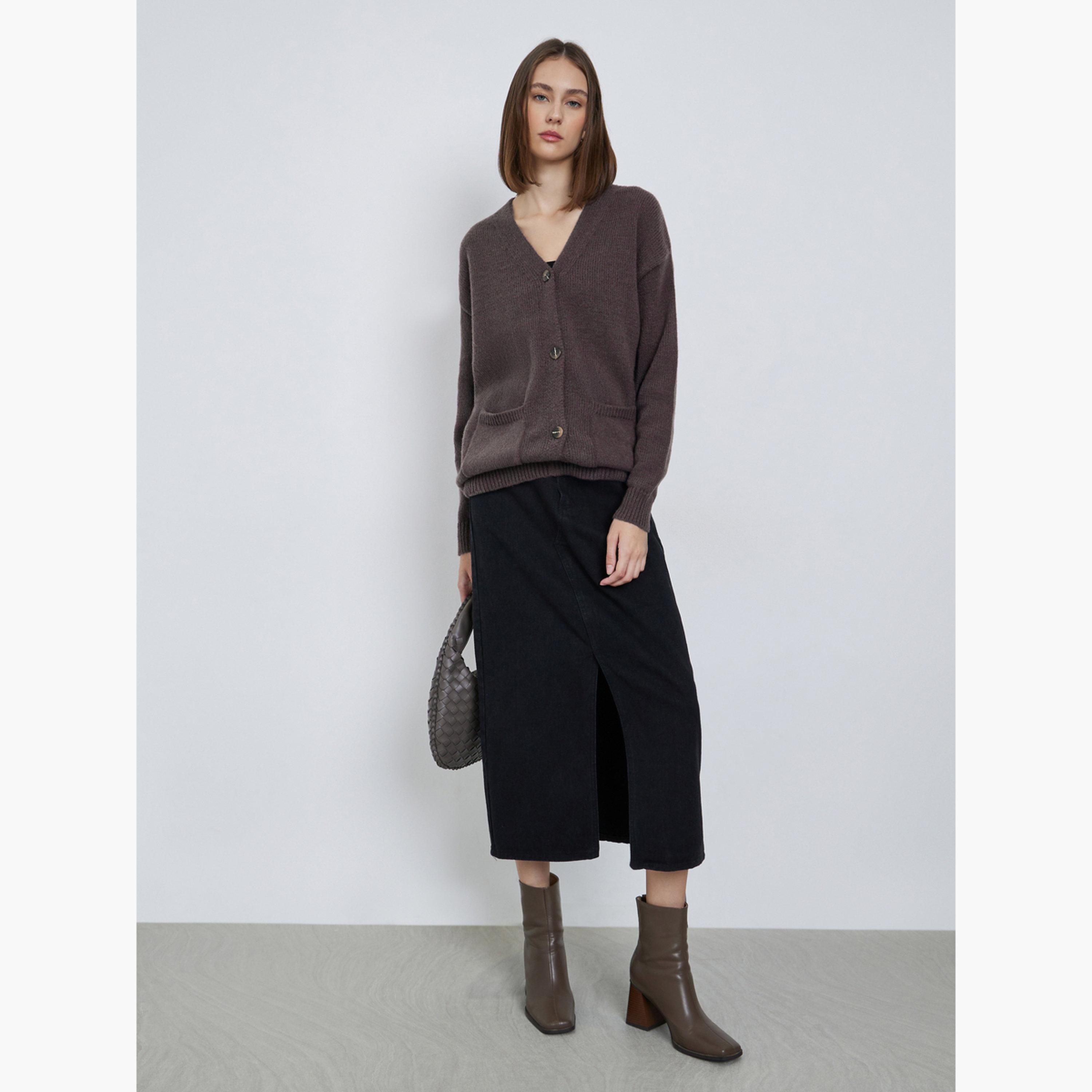 Styli Women Brown Oversized Knit Buttoned Cardigan-women-clothing-cardigansandjumpers-cardigans-image-2