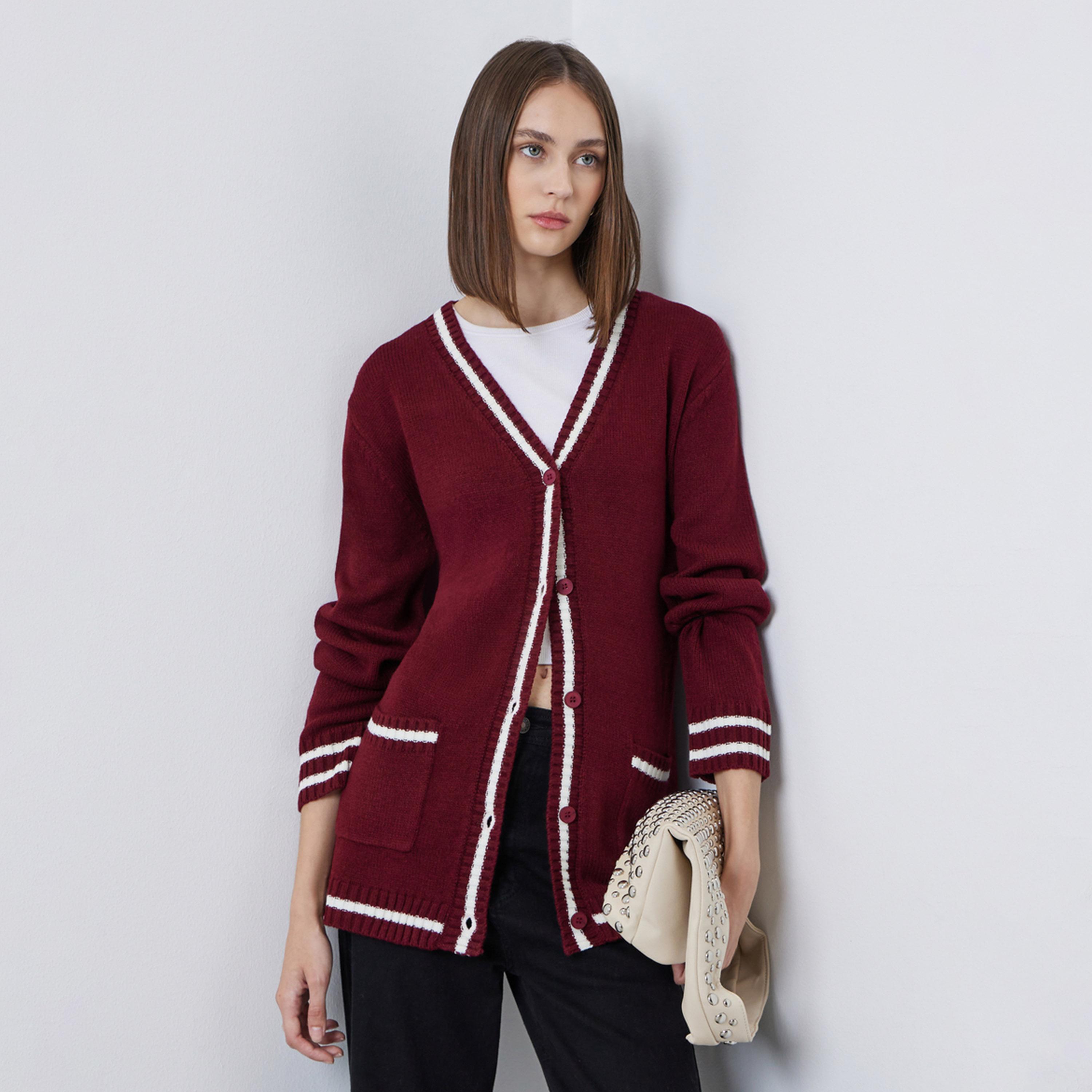 Styli Women Burgundy Regular Fit Striped Buttoned Cardigan-women-clothing-cardigansandjumpers-cardigans-image-1
