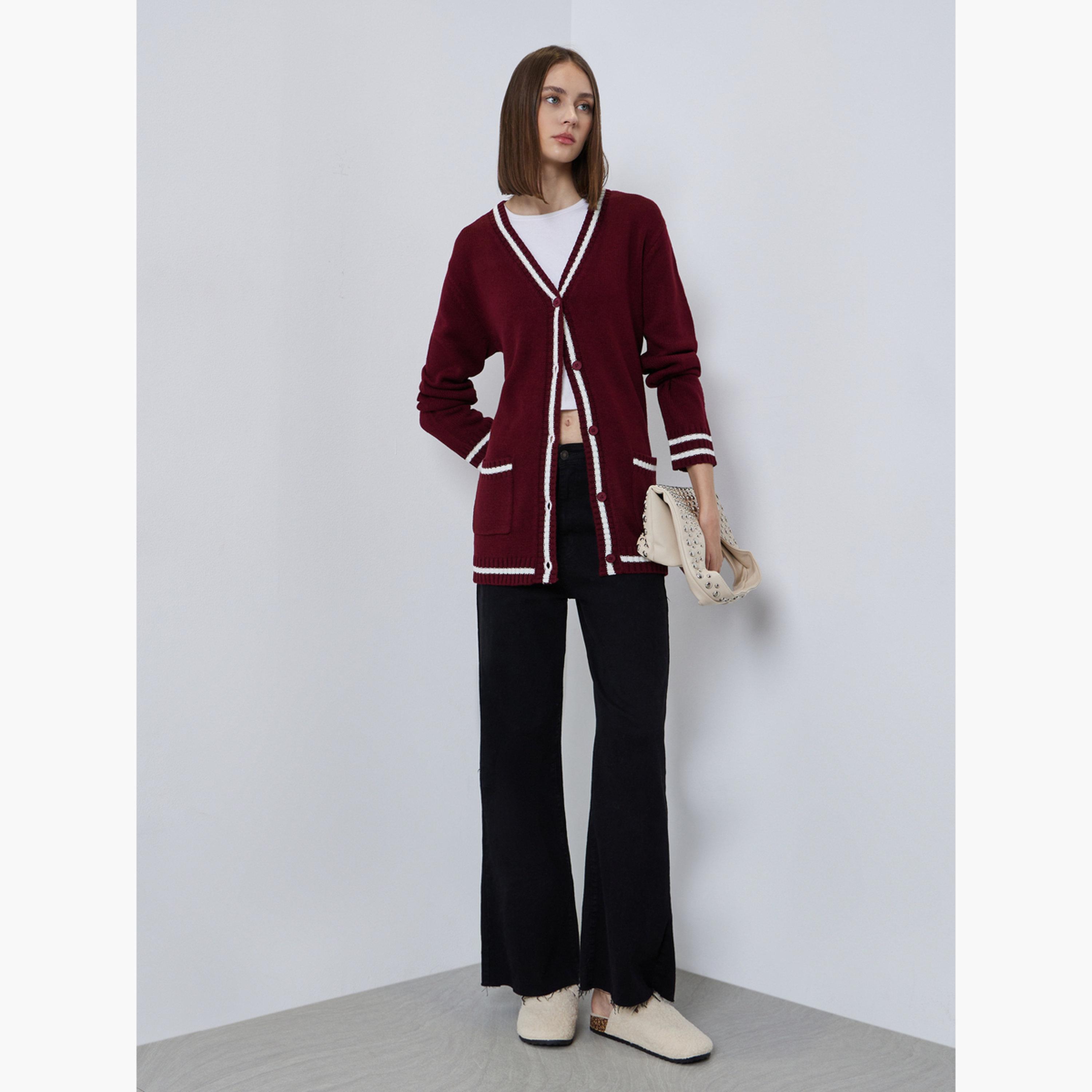 Styli Women Burgundy Regular Fit Striped Buttoned Cardigan-women-clothing-cardigansandjumpers-cardigans-image-2