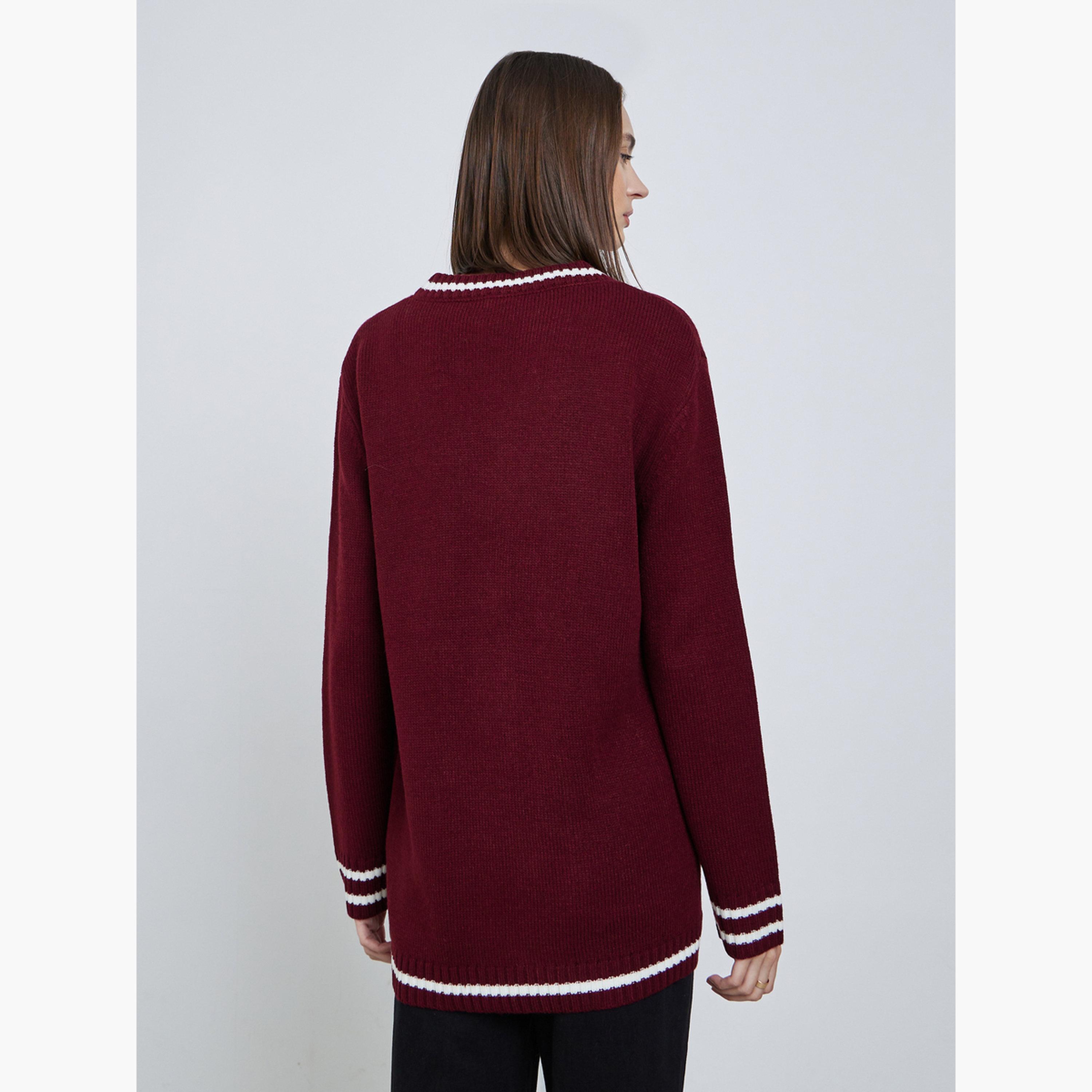 ستايلي - كارديغان مخطط بأزرار بقصة عادية لون برغندي-women-clothing-cardigansandjumpers-cardigans-image-3