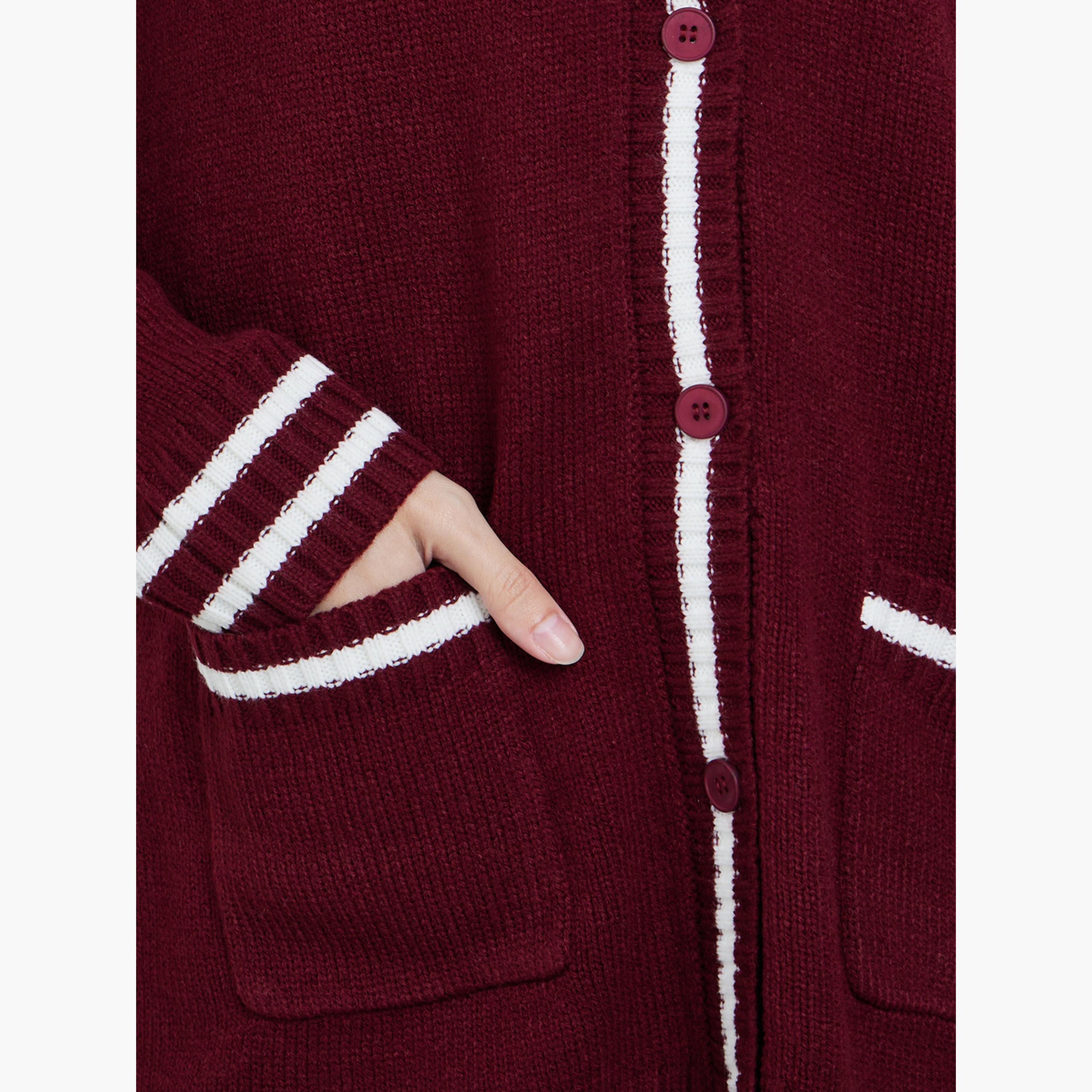 ستايلي - كارديغان مخطط بأزرار بقصة عادية لون برغندي-women-clothing-cardigansandjumpers-cardigans-image-4