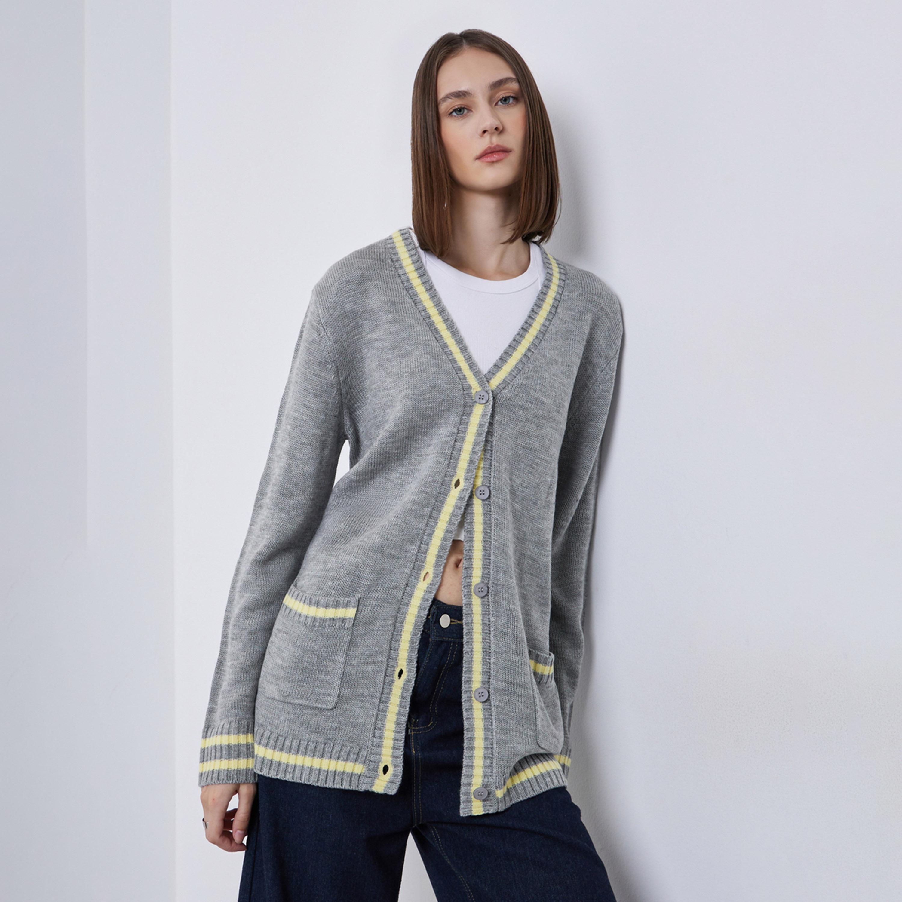 Styli Women Grey Regular Fit Striped Buttoned Cardigan-women-clothing-cardigansandjumpers-cardigans-image-1