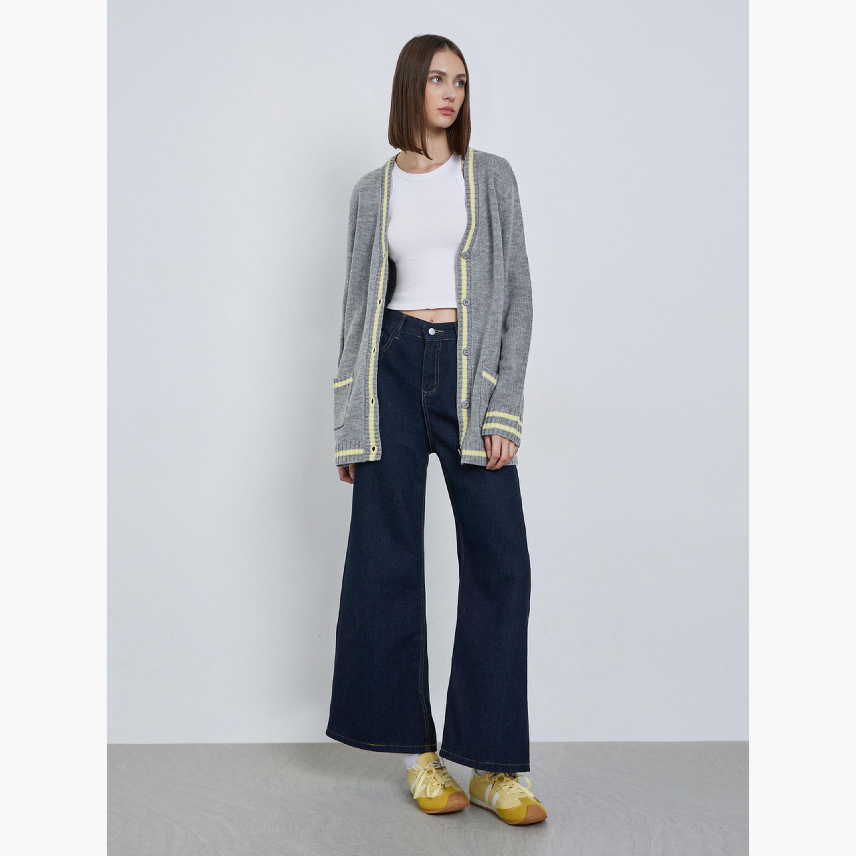 Styli Women Grey Regular Fit Striped Buttoned Cardigan-women-clothing-cardigansandjumpers-cardigans-image-2