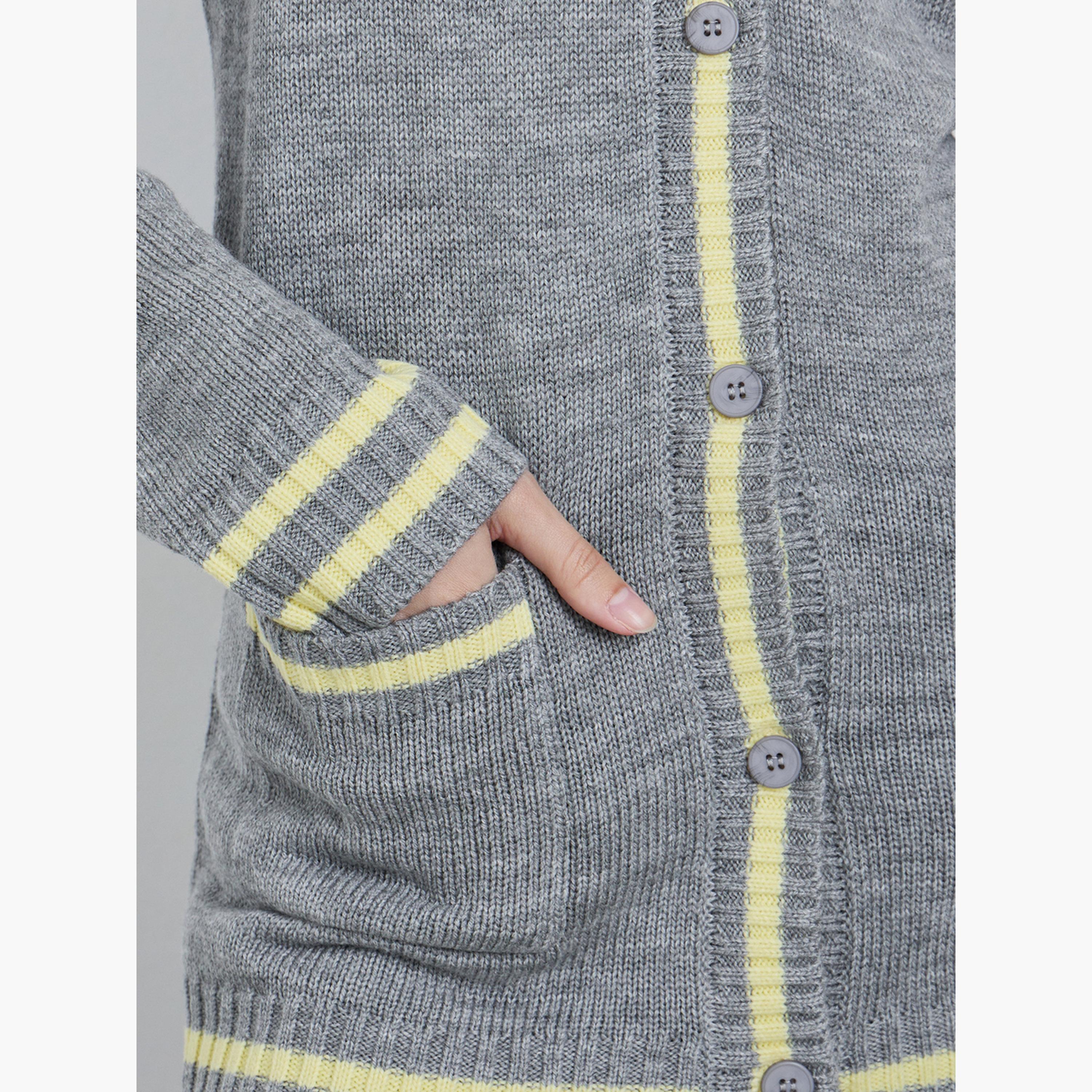 Styli Women Grey Regular Fit Striped Buttoned Cardigan-women-clothing-cardigansandjumpers-cardigans-image-4