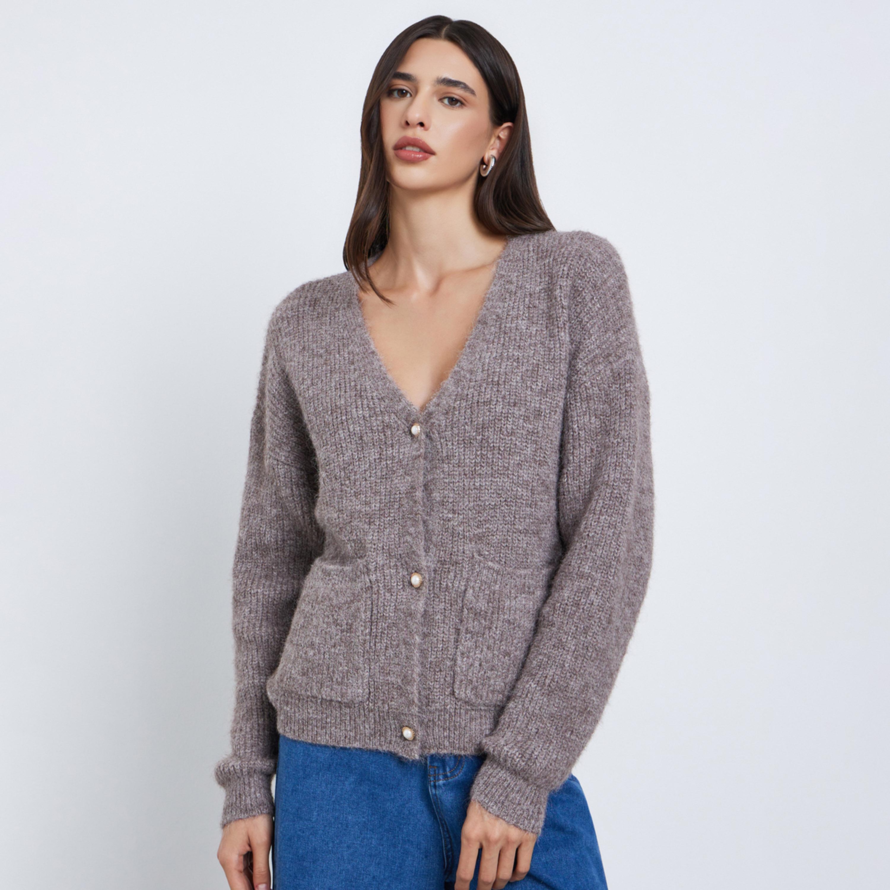 Styli Regular Fit Fuzzy Yarn Button Down Cardigan-women-winterwear-cardigansandjumpers-jumpers-image-1