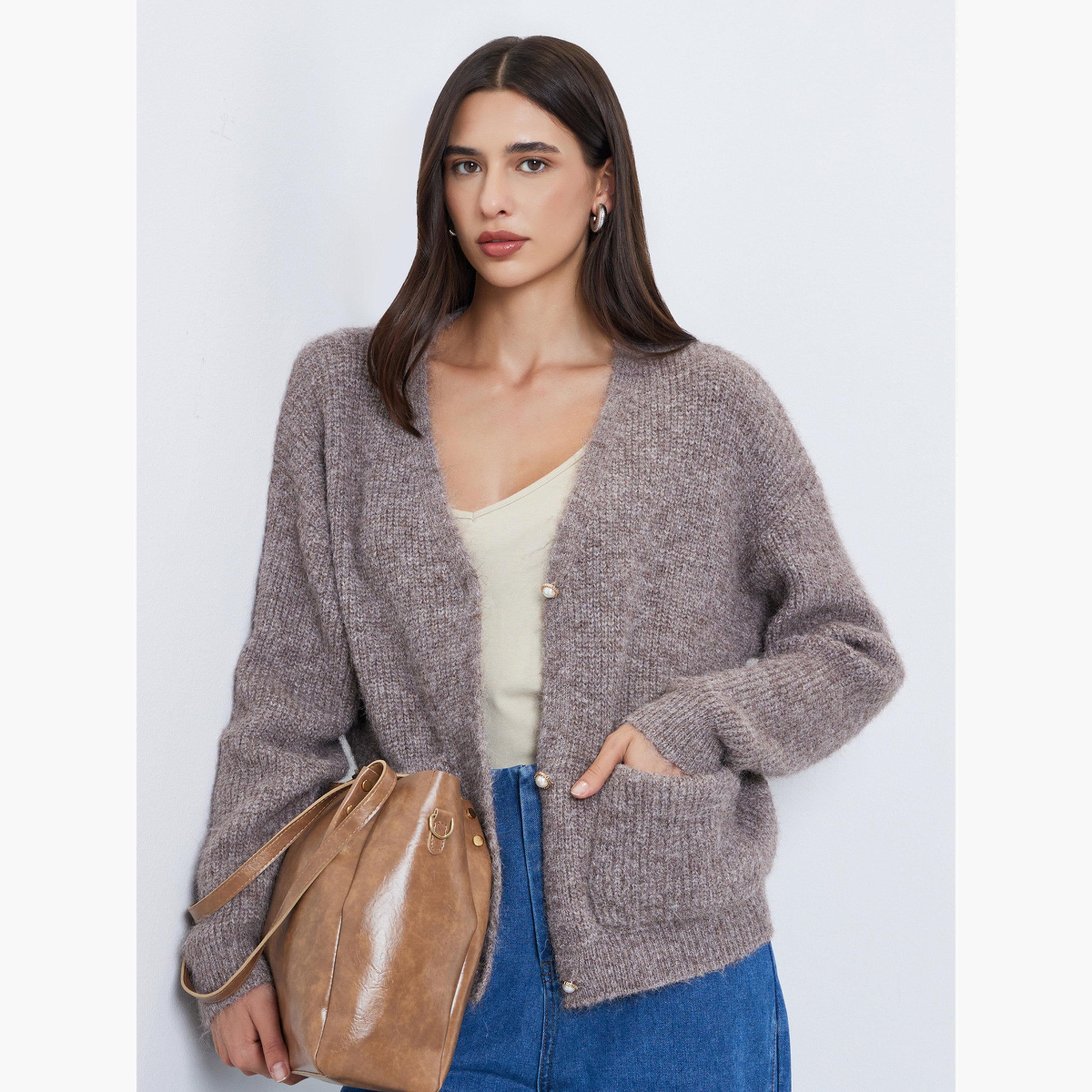 Styli Regular Fit Fuzzy Yarn Button Down Cardigan-women-winterwear-cardigansandjumpers-jumpers-image-3