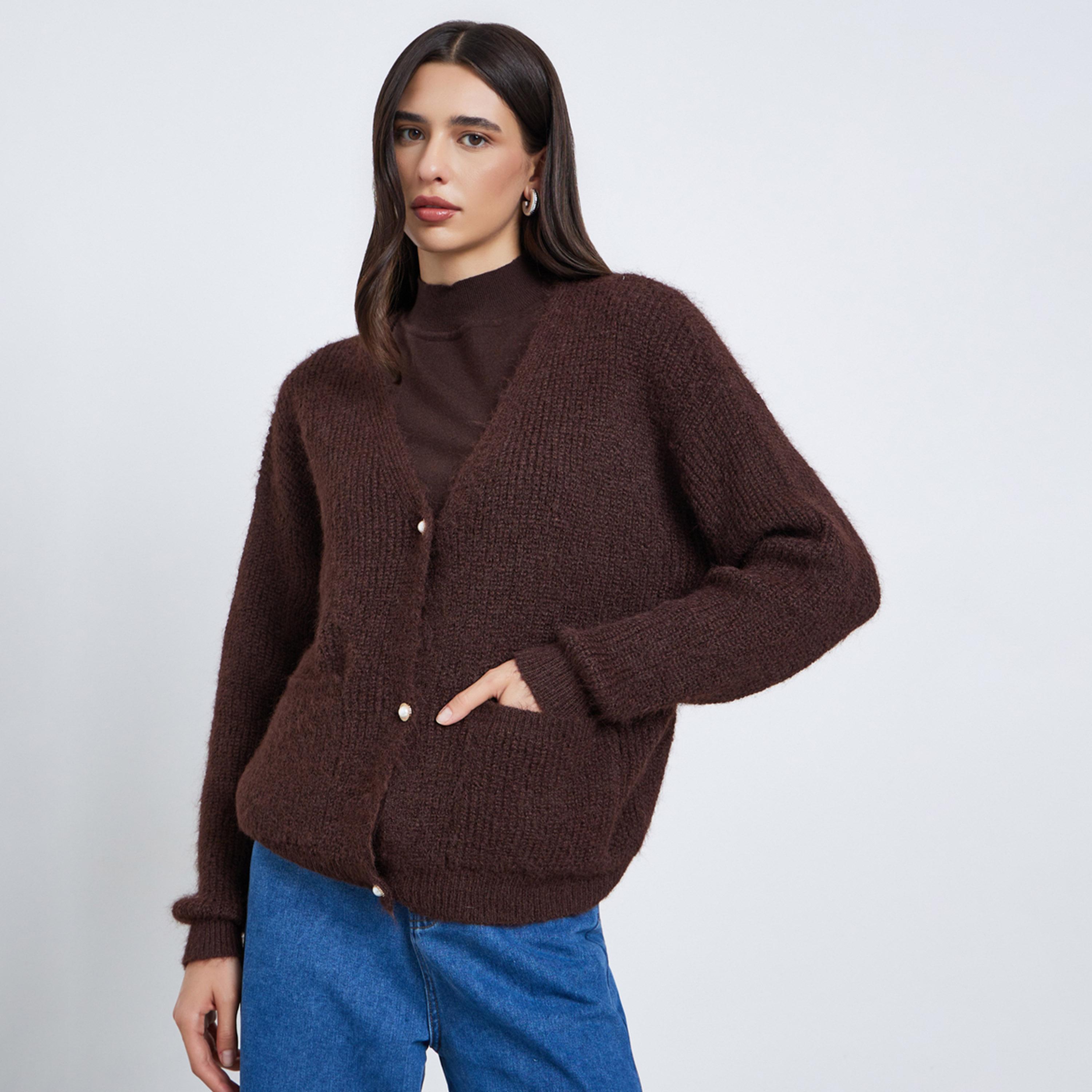 Styli Regular Fit Fuzzy Yarn Button Down Cardigan-women-winterwear-cardigansandjumpers-jumpers-image-1