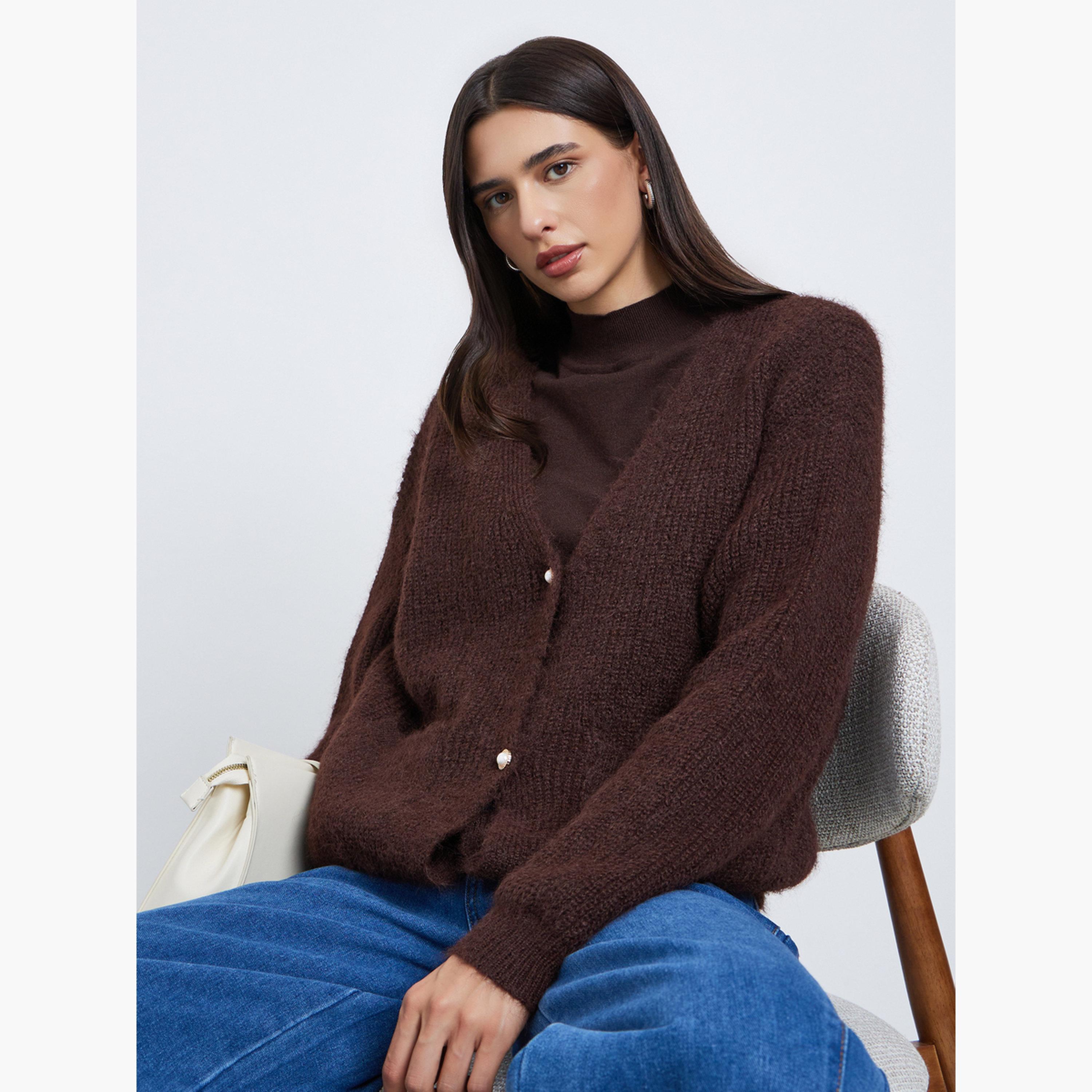 Styli Regular Fit Fuzzy Yarn Button Down Cardigan-women-winterwear-cardigansandjumpers-jumpers-image-3