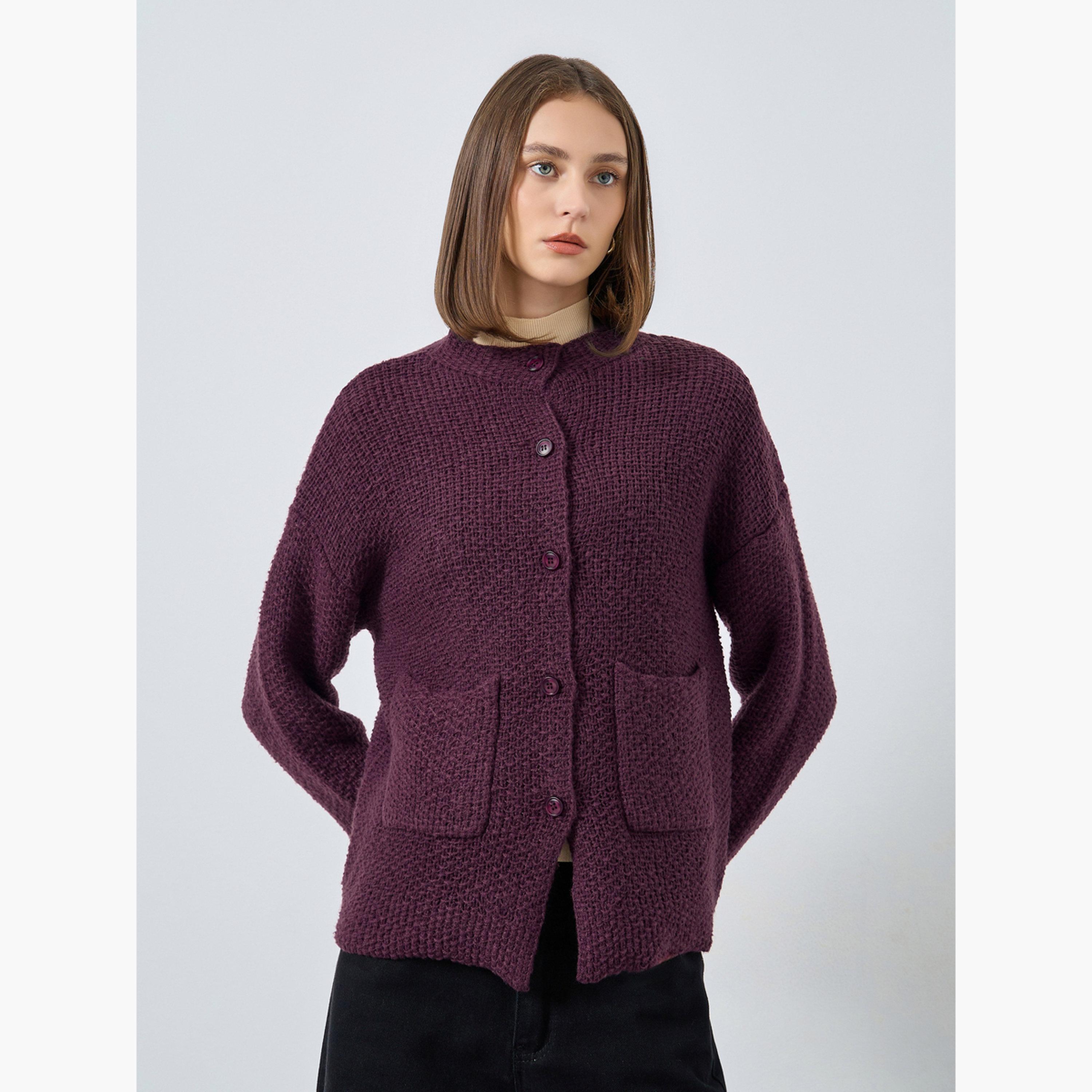 ستايلي - كارديغان محبوك سميك بقصّة عادية لون برغندي للنساء -women-winterwear-cardigansandjumpers-cardigans-image-1