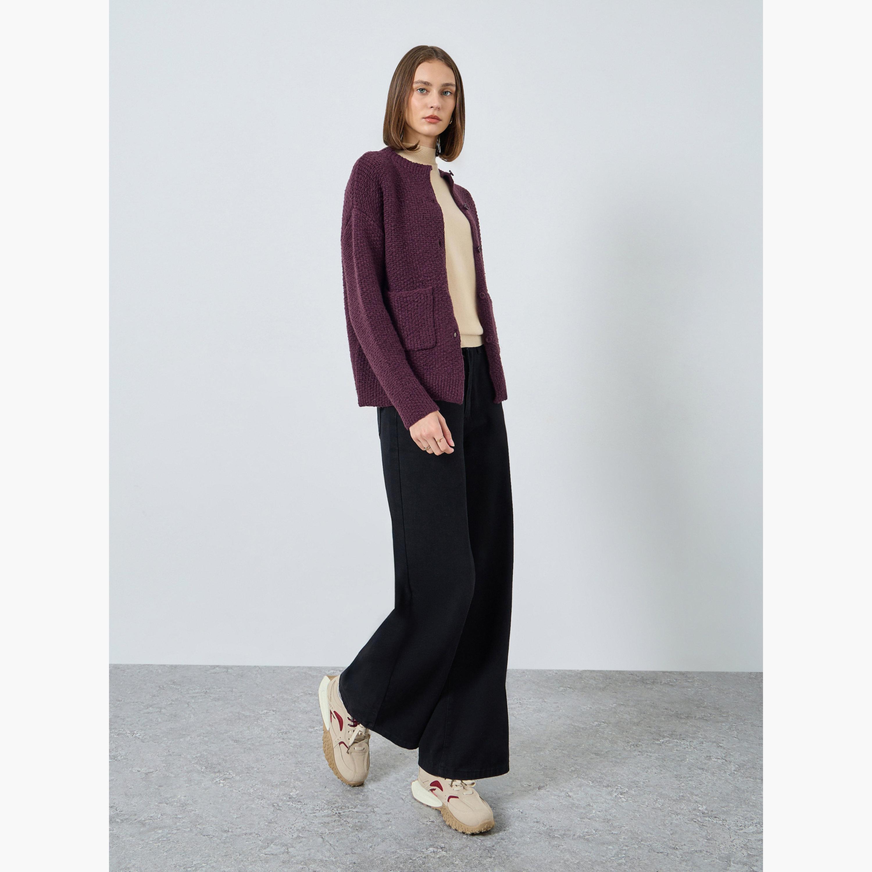 ستايلي - كارديغان محبوك سميك بقصّة عادية لون برغندي للنساء -women-winterwear-cardigansandjumpers-cardigans-image-2