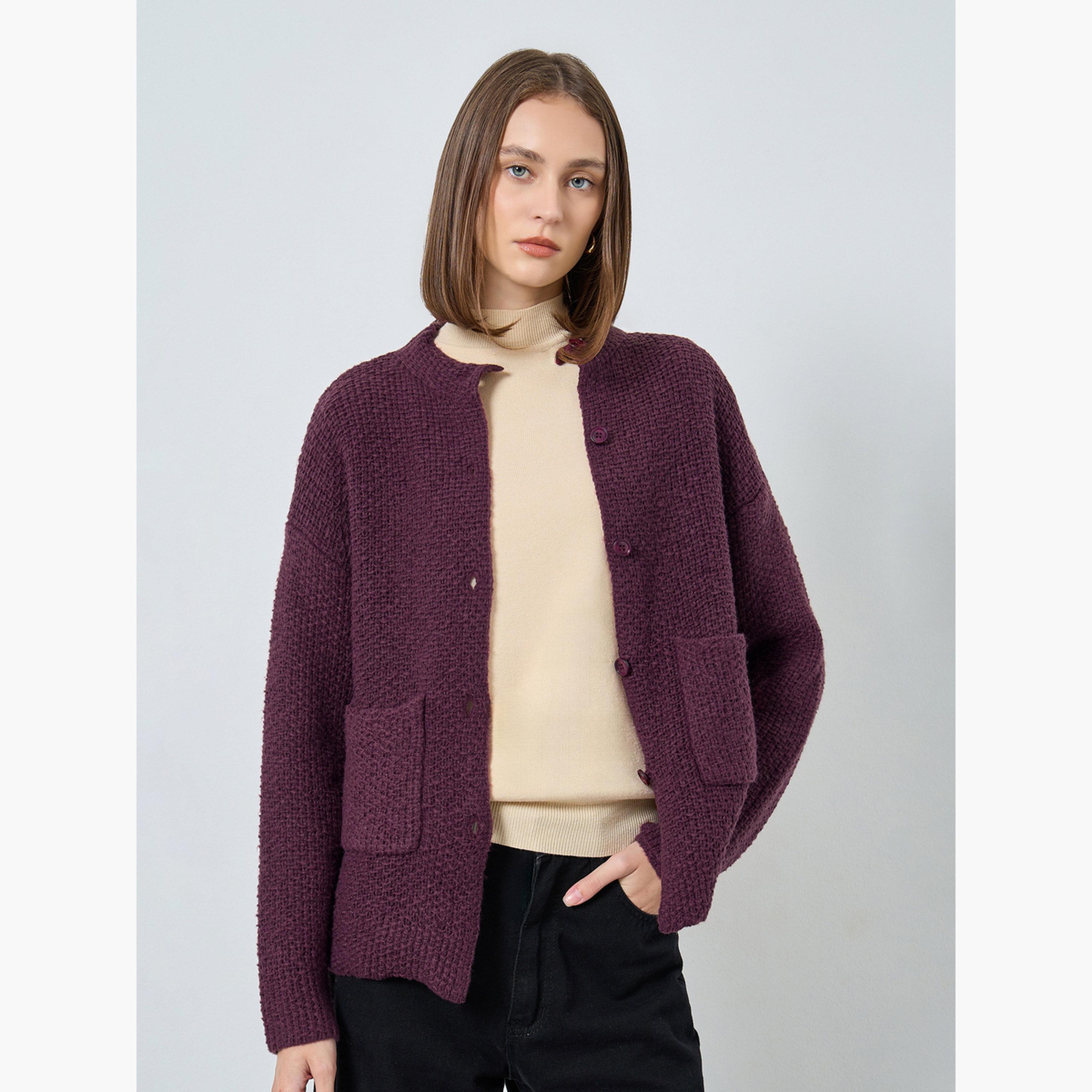ستايلي - كارديغان محبوك سميك بقصّة عادية لون برغندي للنساء -women-winterwear-cardigansandjumpers-cardigans-image-3