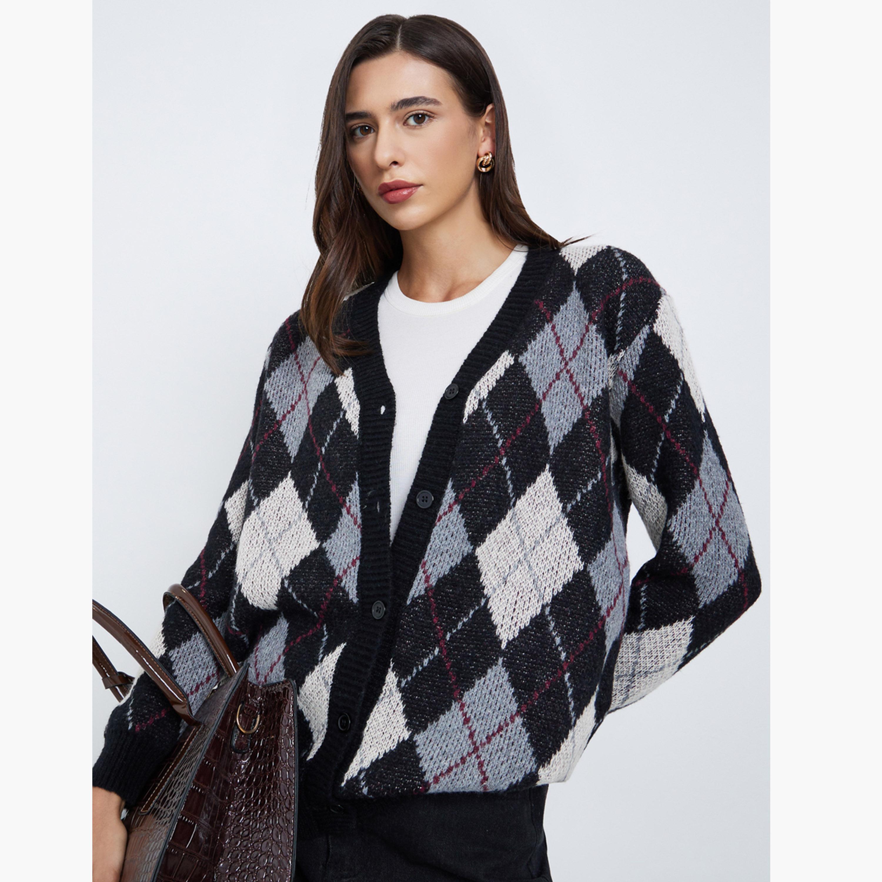 Styli Women Oversized Longline Argyle Pattern Cardigan-women-clothing-cardigansandjumpers-cardigans-image-1