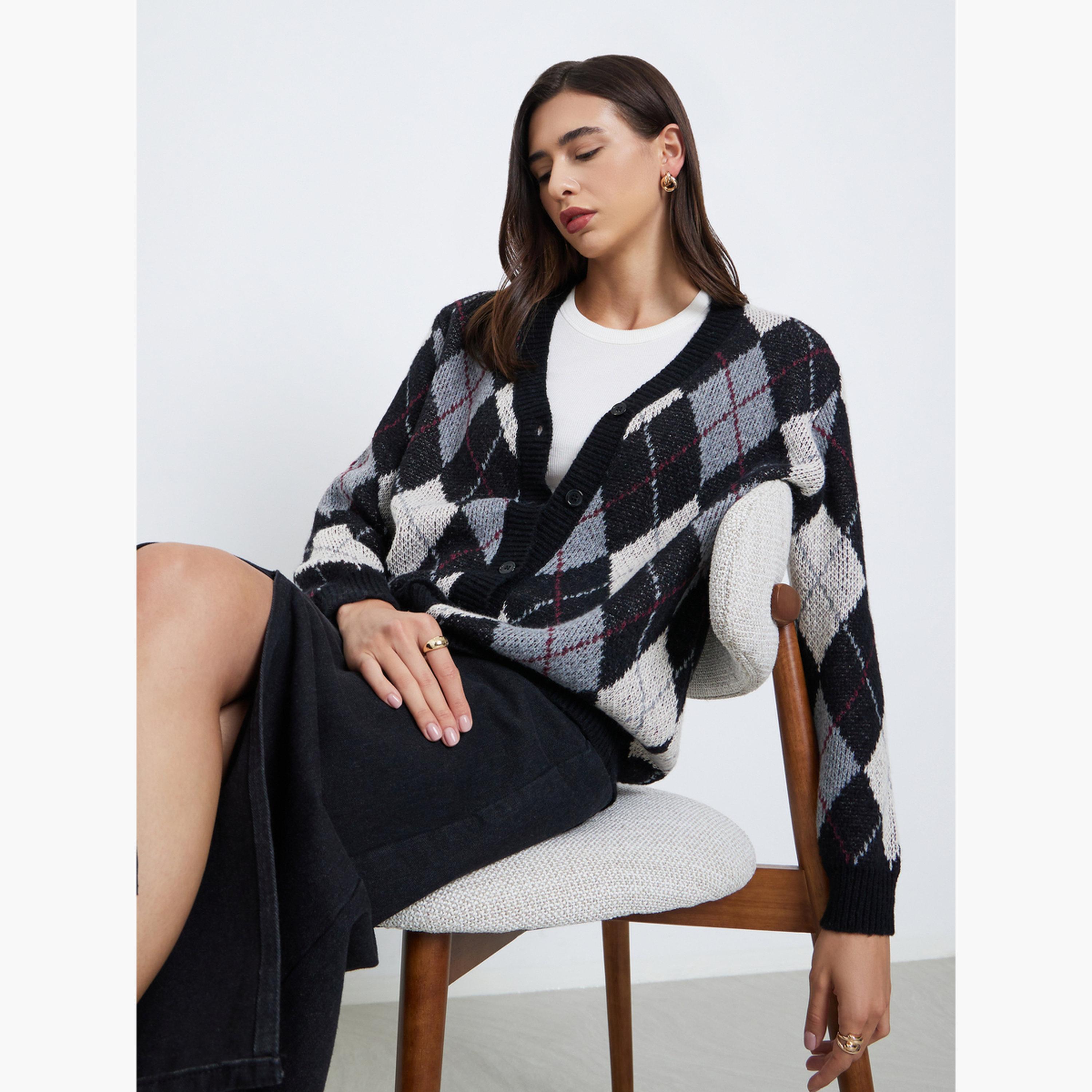 Styli Women Oversized Longline Argyle Pattern Cardigan-women-clothing-cardigansandjumpers-cardigans-image-3