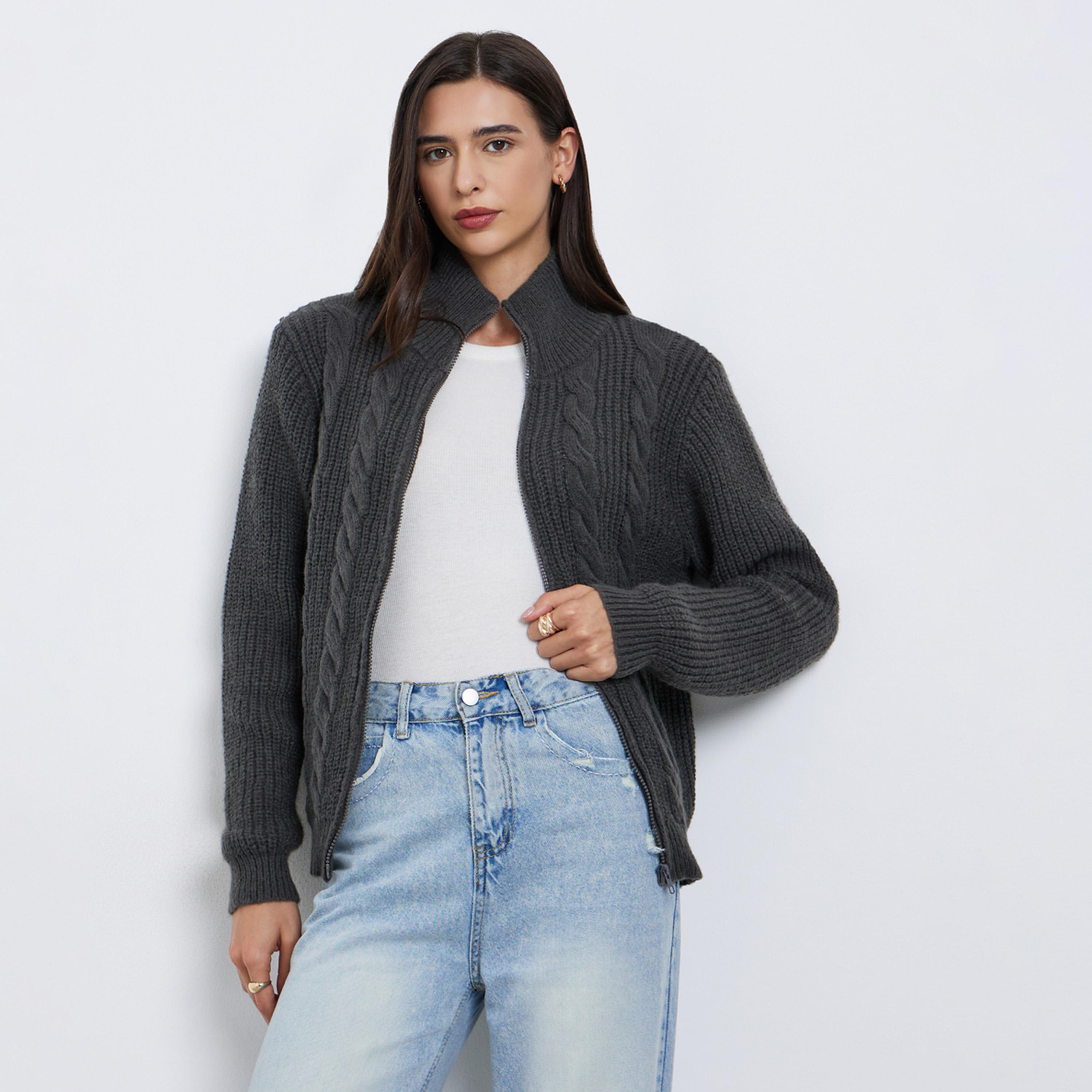 ستايلي - سترة زيتونية سميكة محبوكة بسحاب-women-clothing-cardigansandjumpers-jumpers-image-1