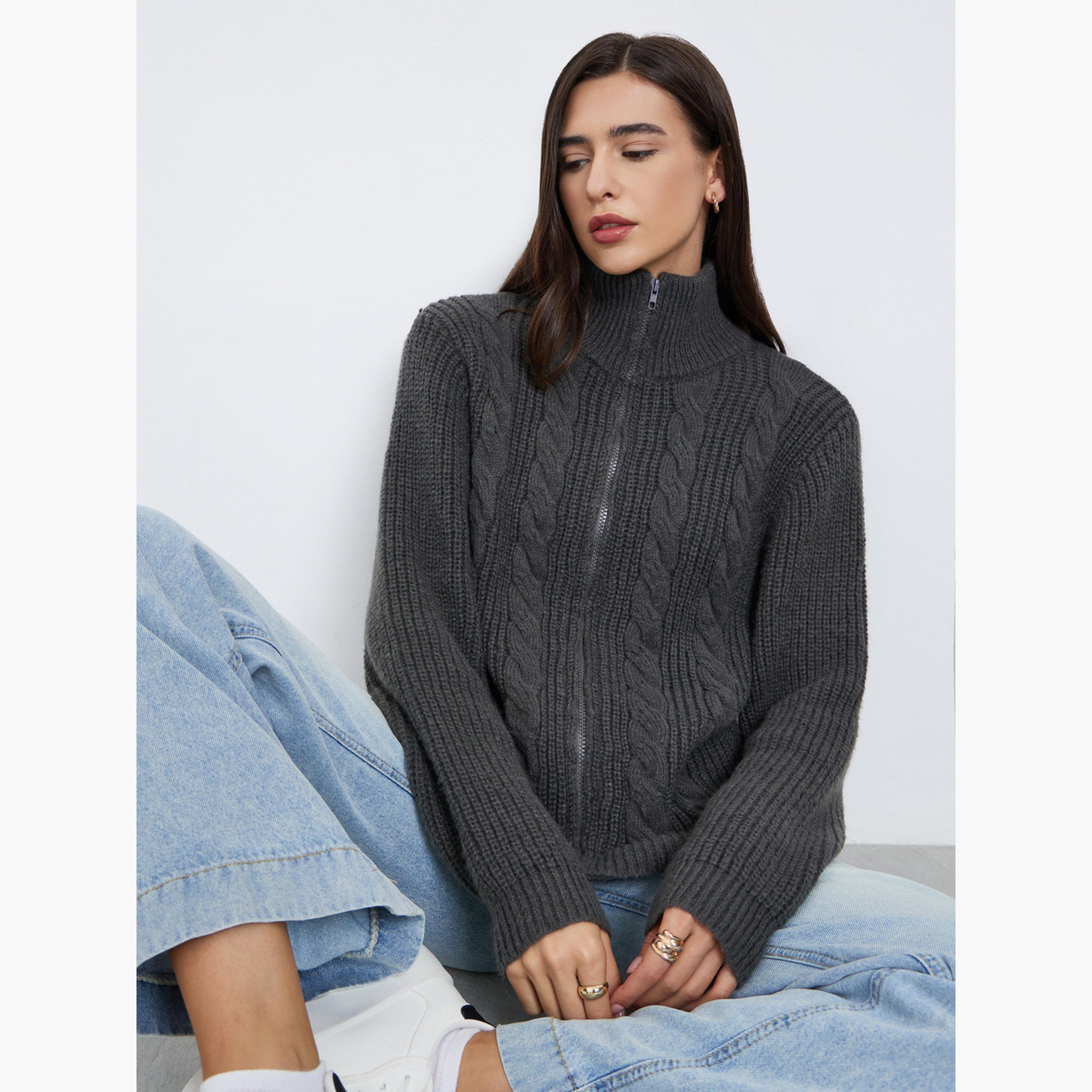 ستايلي - سترة زيتونية سميكة محبوكة بسحاب-women-clothing-cardigansandjumpers-jumpers-image-3