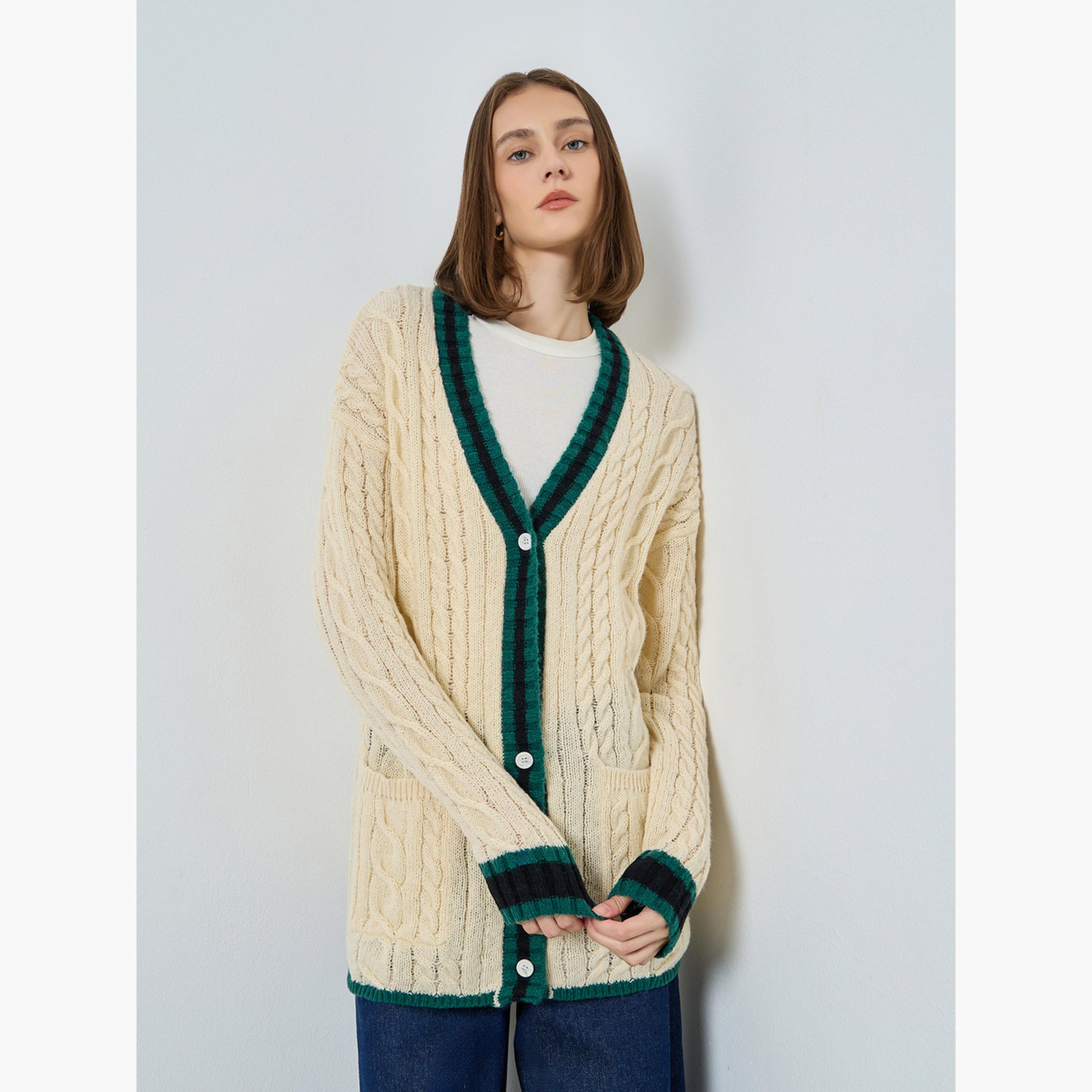 ستايلي - سترة كارديغان كريمية محبوكة للنساء -women-winterwear-cardigansandjumpers-cardigans-image-1