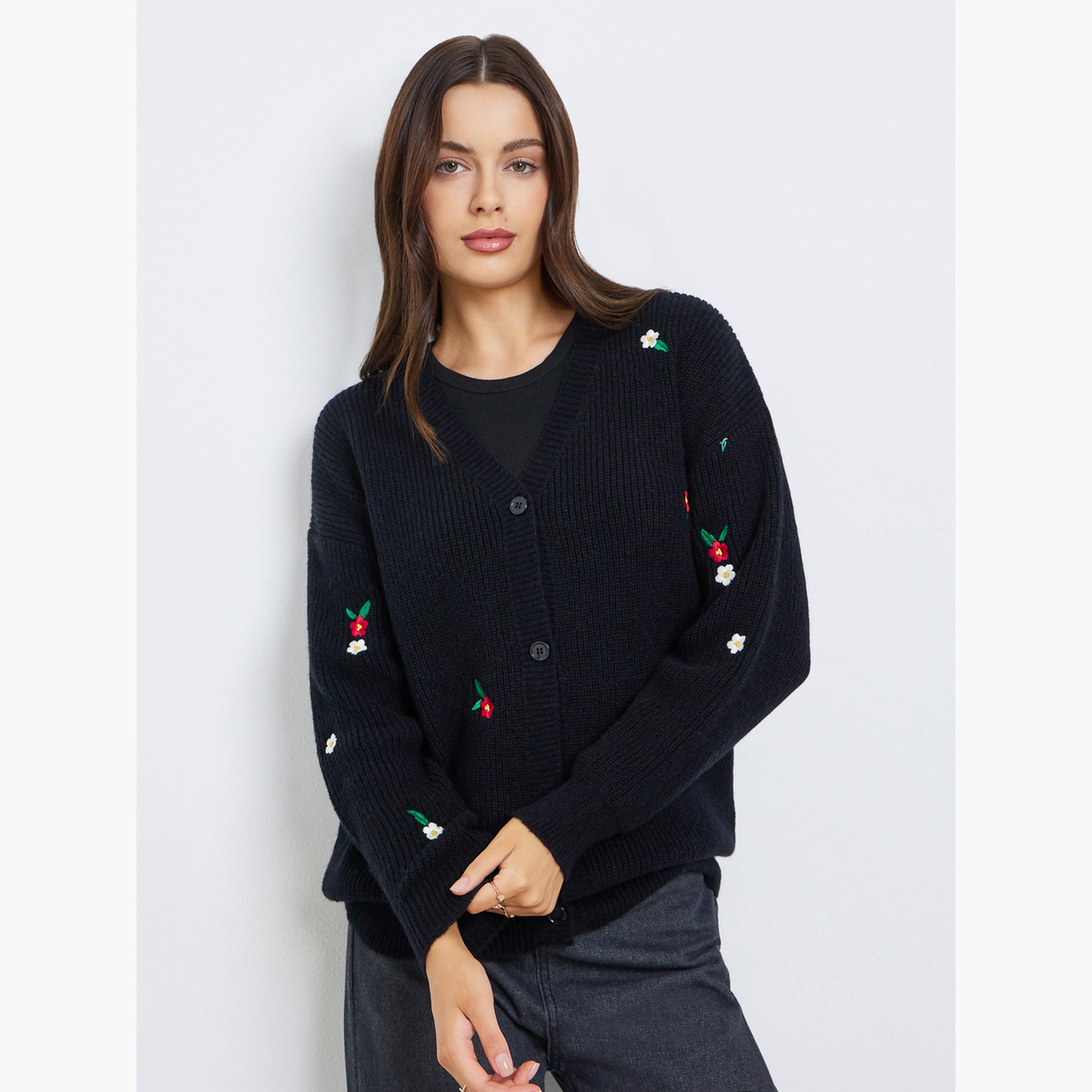 Styli Embroidered Regular Fit V-neck Long Sleeves Longline Women's Cardigan-women-winterwear-cardigansandjumpers-cardigans-image-1