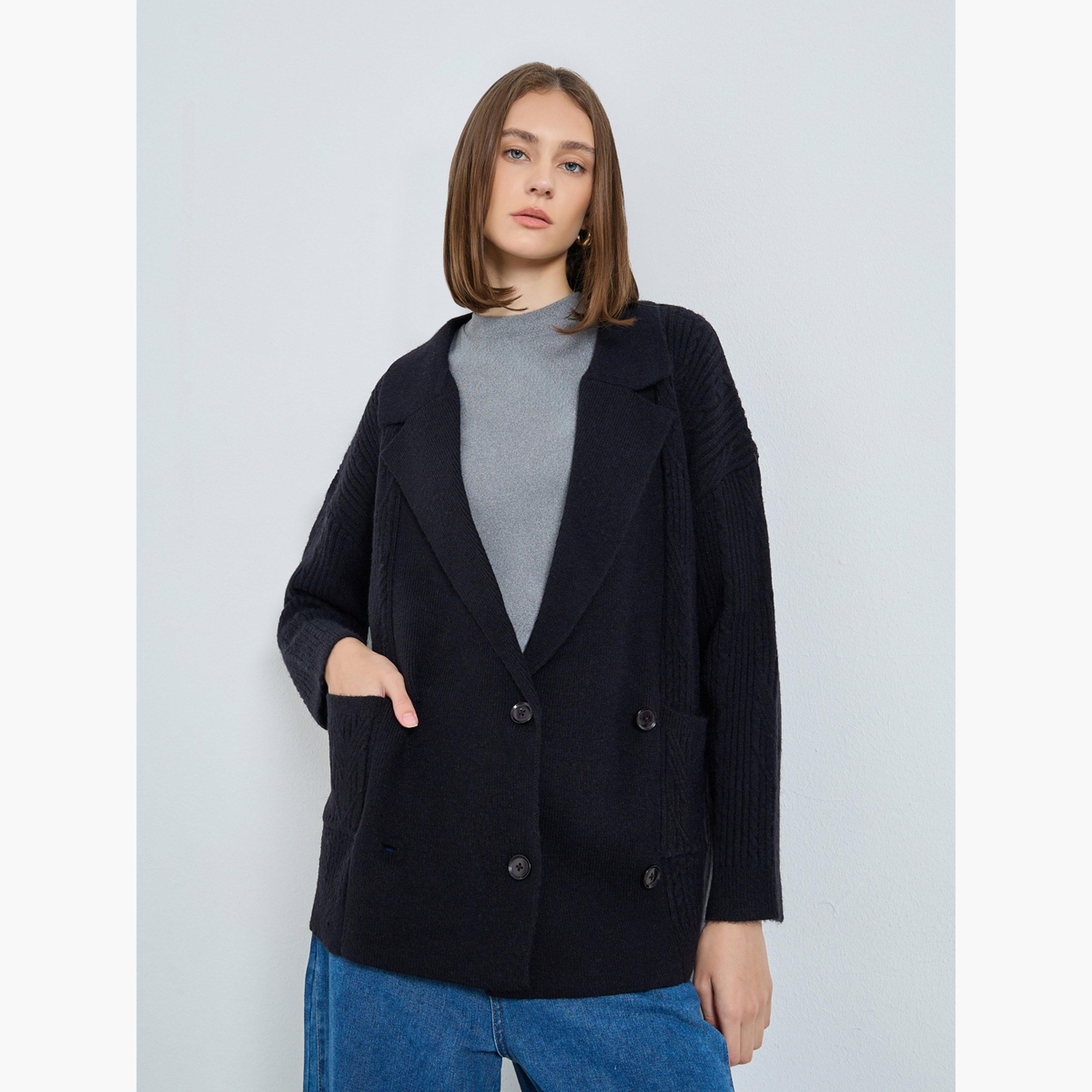 ستايلي - كارديغان ترنش أسود طويل أزرار مزدوجة للنساء -women-winterwear-cardigansandjumpers-cardigans-image-1