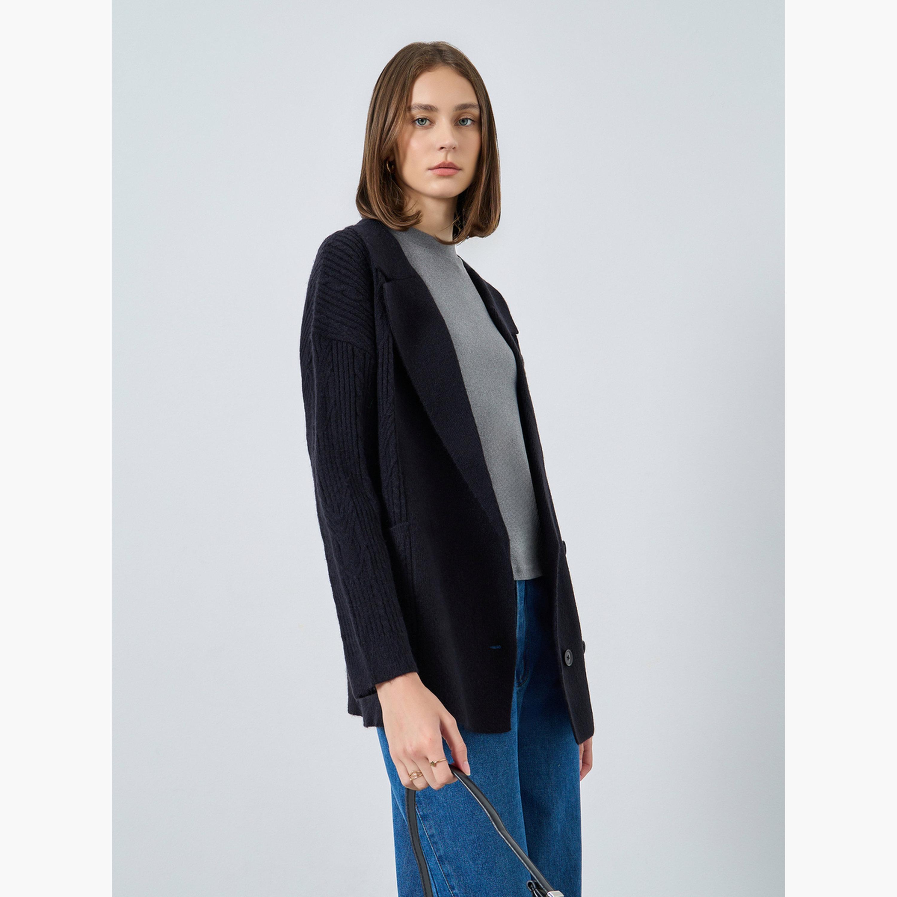 ستايلي - كارديغان ترنش أسود طويل أزرار مزدوجة للنساء -women-winterwear-cardigansandjumpers-cardigans-image-3