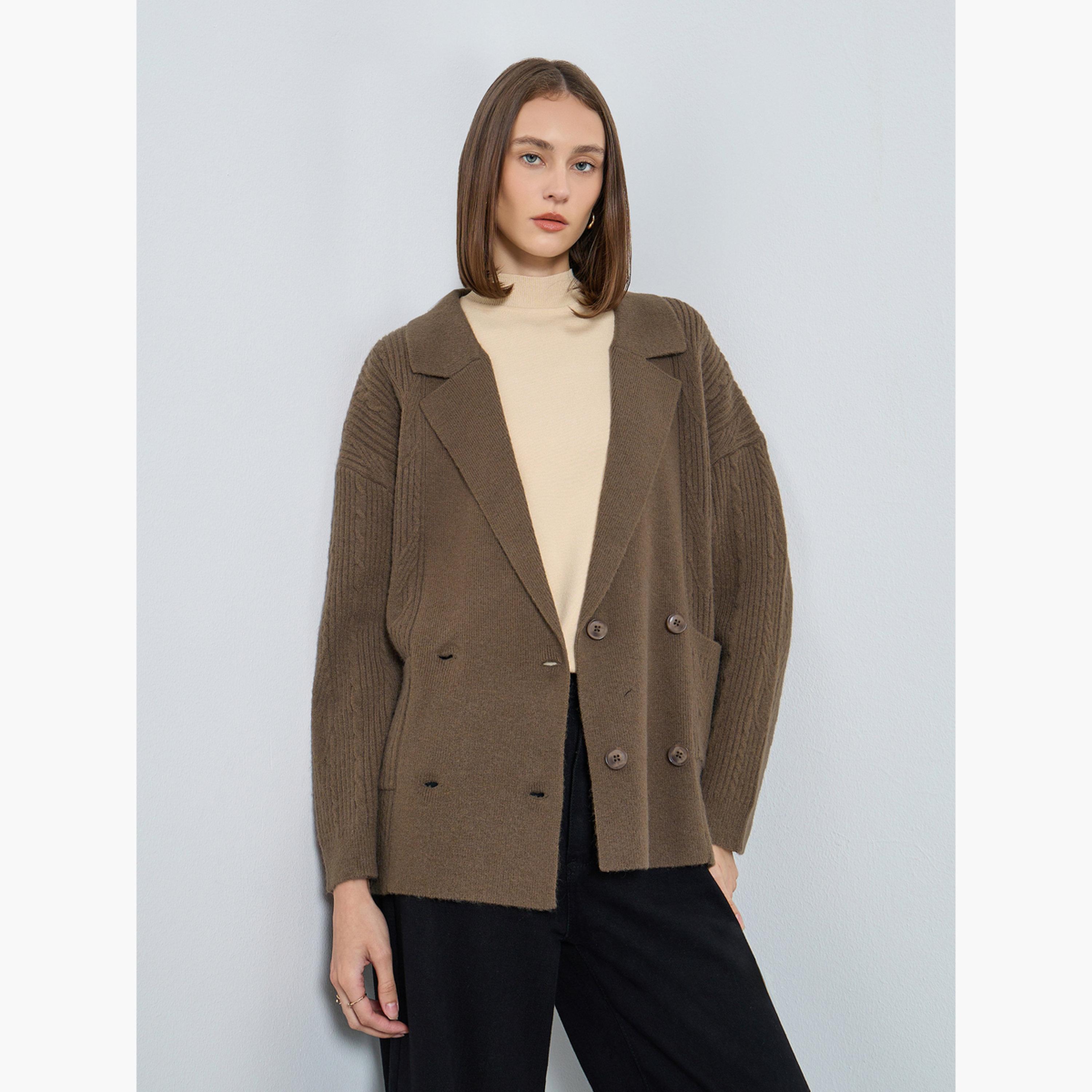 ستايلي - كارديغان ترنش طويل بني اللون ذو صدر مزدوج للنساء -women-winterwear-cardigansandjumpers-cardigans-image-1