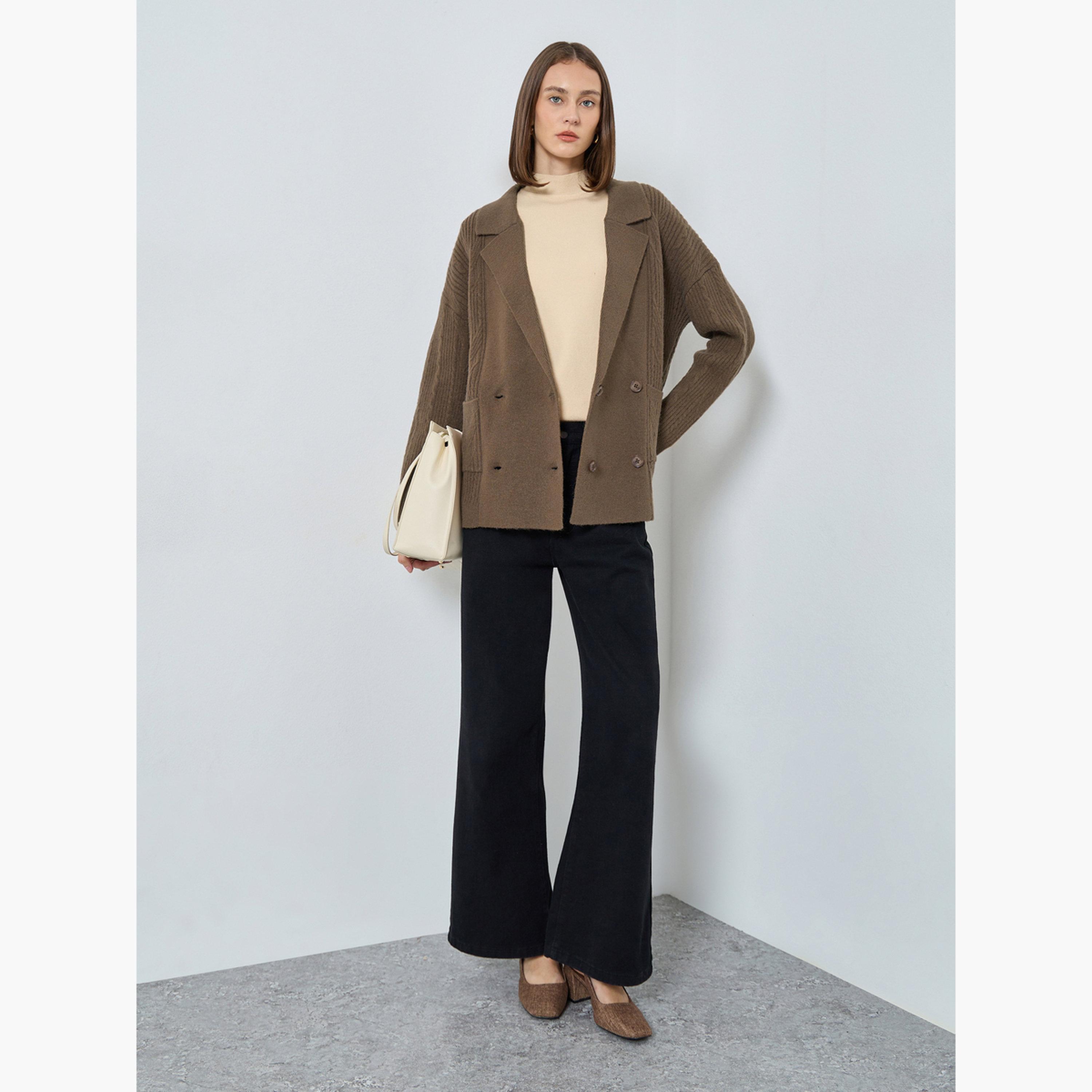 ستايلي - كارديغان ترنش طويل بني اللون ذو صدر مزدوج للنساء -women-winterwear-cardigansandjumpers-cardigans-image-2